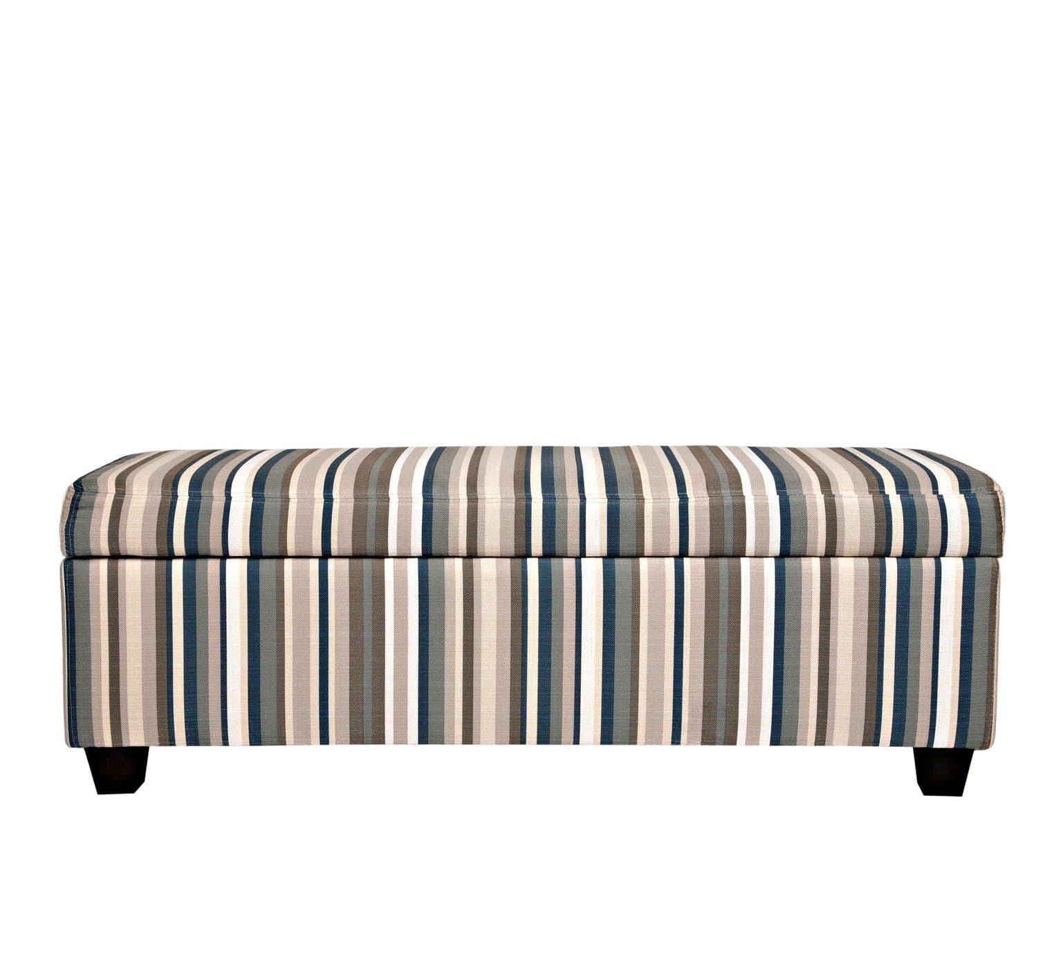 Striped Vintage Deep Blue Stripe Storage Bench Ottoman - Blue Green Grey Ivory Khaki Tan - Use This Storage Ottoman Bench As an End of Bed Storage Bench or Entryway Storage Bench - This Long Storage Bench Is Upholstered, Padded, and Multipurpose!