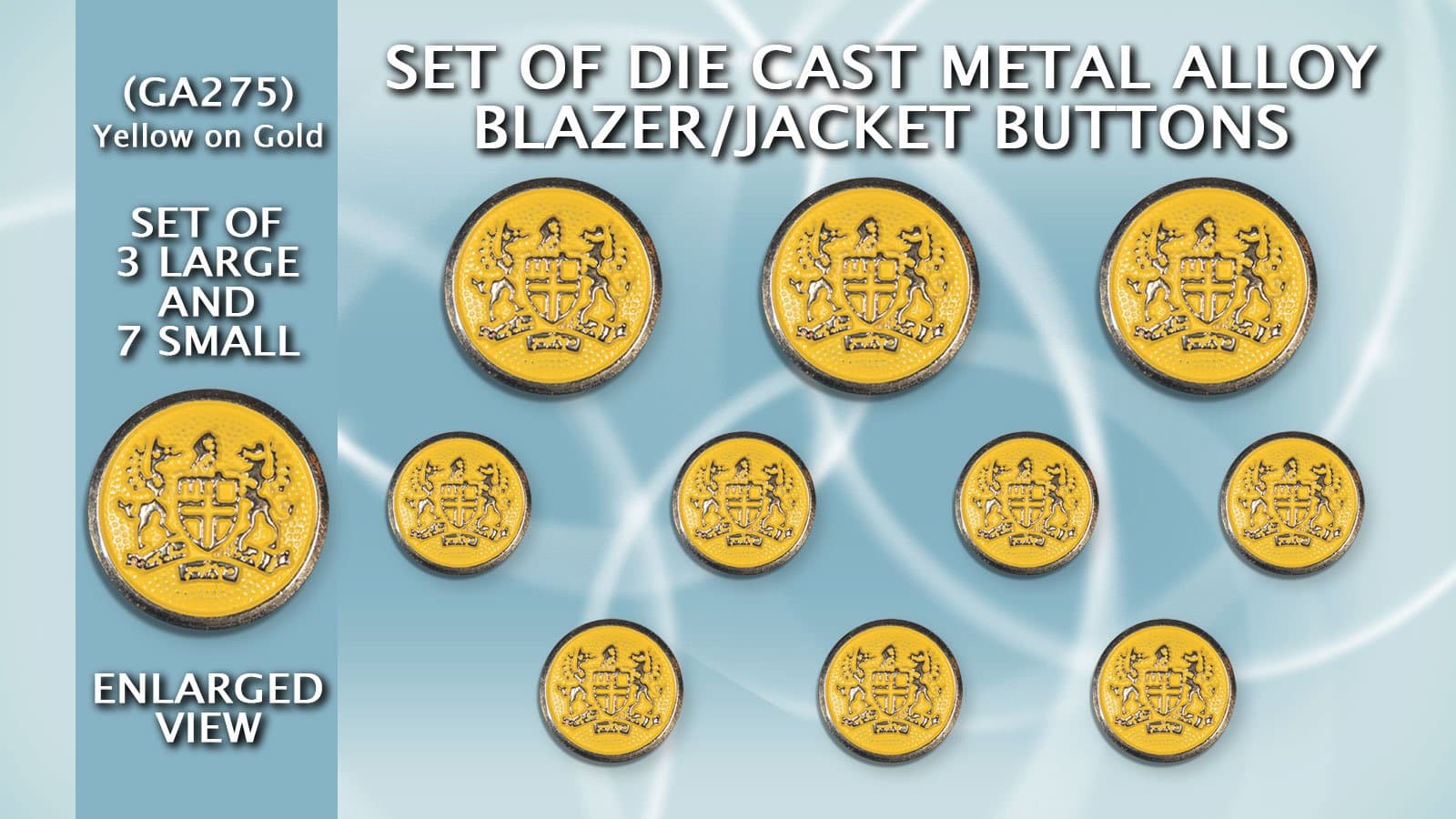 Set of Die Cast Metal Blazer/Jacket Buttons (GA275) Gold with Marigold Enamel Filled (3L/7S)