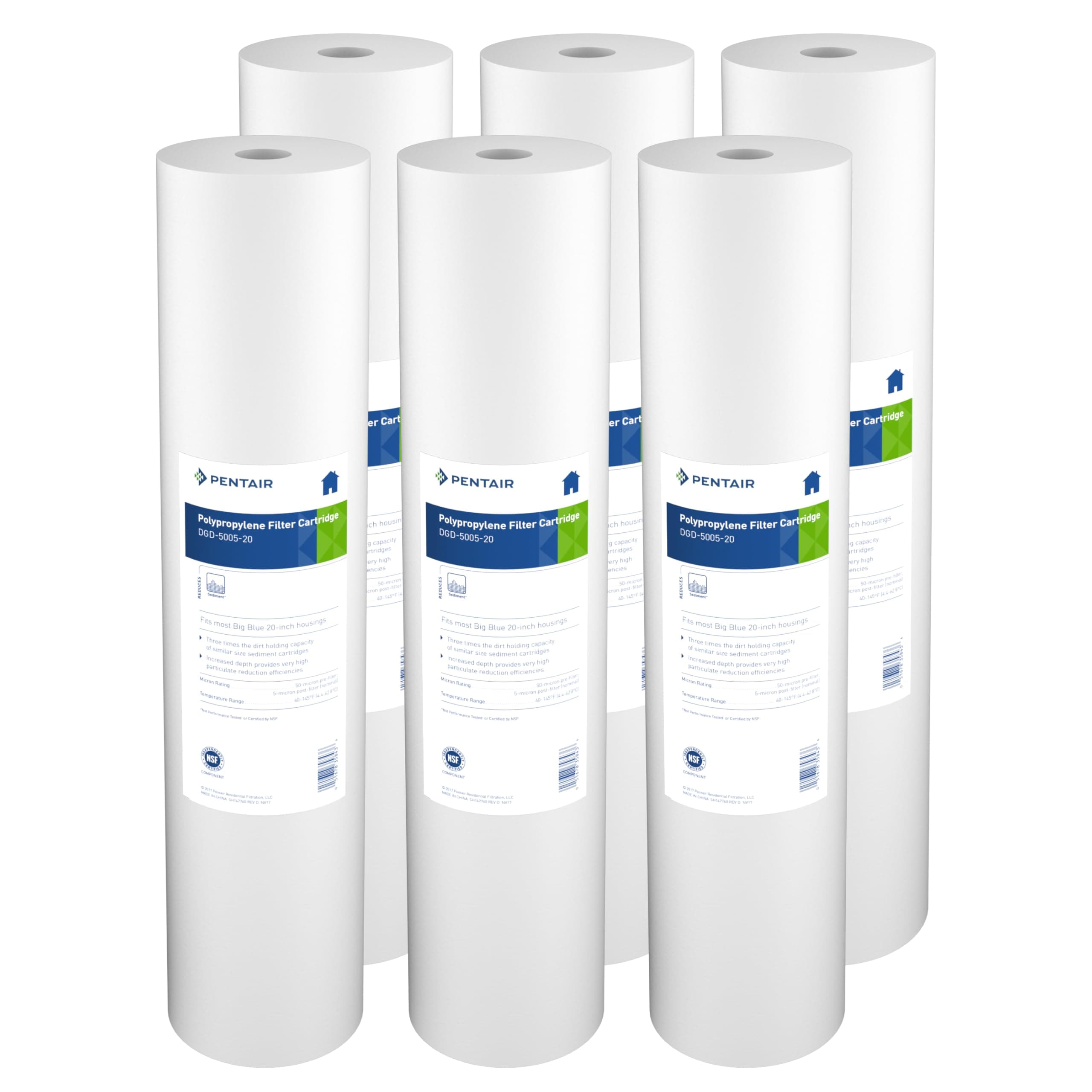 Pentair Pentek DGD-5005-20 Big Blue Water Filter, 20-Inch, Whole House Sediment Filter Cartridge Replacement, Dual Gradient Density Spun Polypropylene, 20" x 4.5", 5 Microns, 6 Pack, White