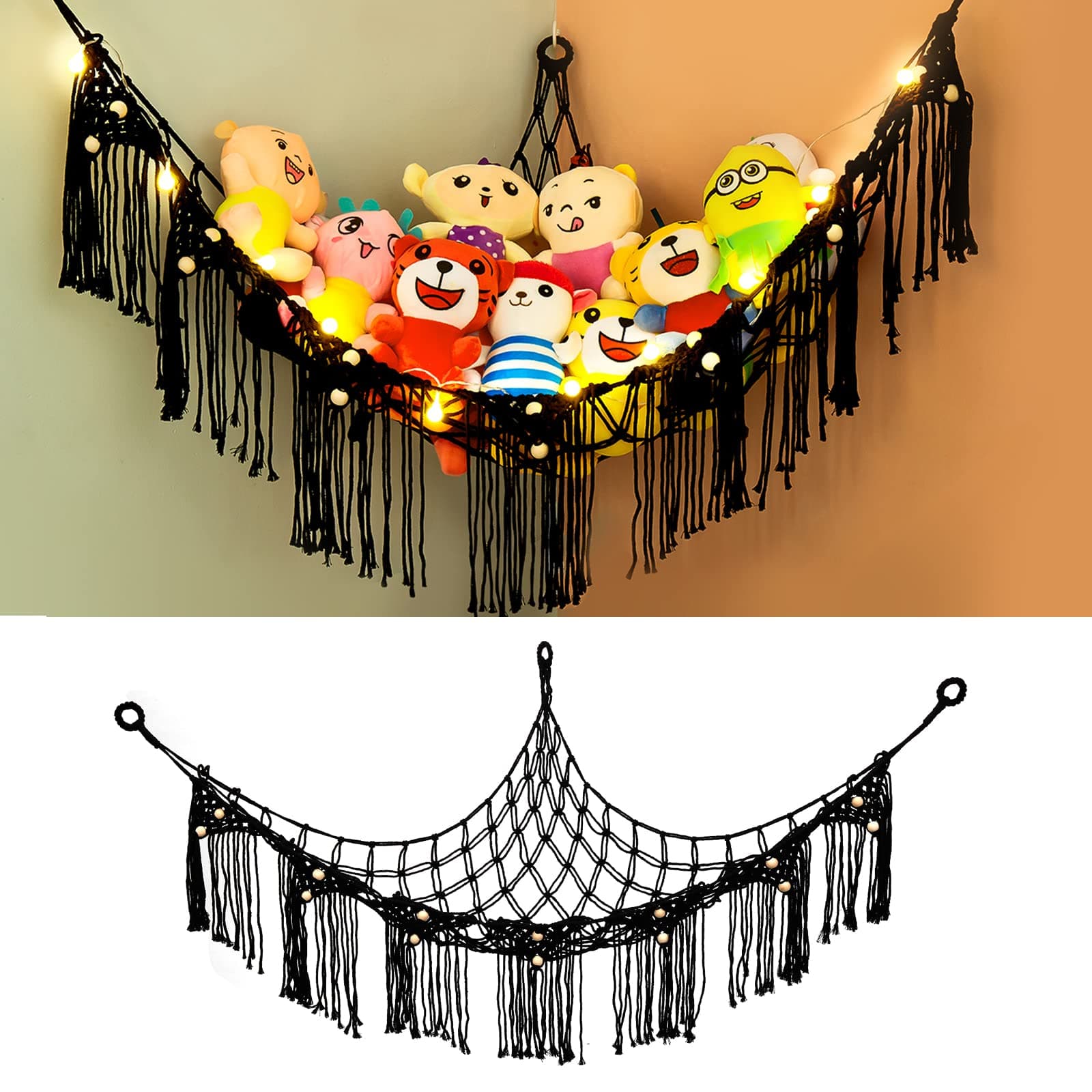 Stuffed Animal Net, Stuffed Animal Hammock with LED light Wall Mesh Toy Net Hammock for Stuffed Animals Corner Hanging Toy Storage Organizer Plush Toy Net for Kids’ Play Room Bedroom Black