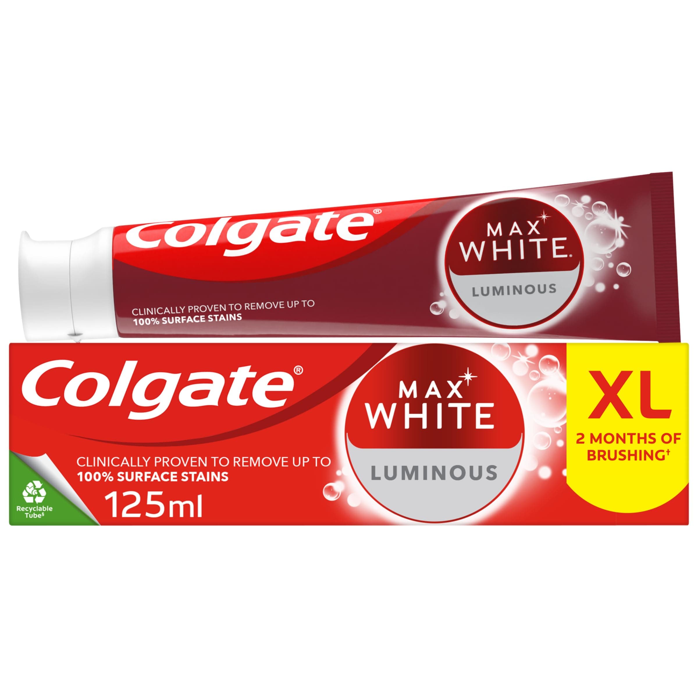 Max White Luminous Toothpaste 125ml, Teeth Whitening Toothpaste with Clinically Proven Formula that Removes Up to 100% of Surface Stains
