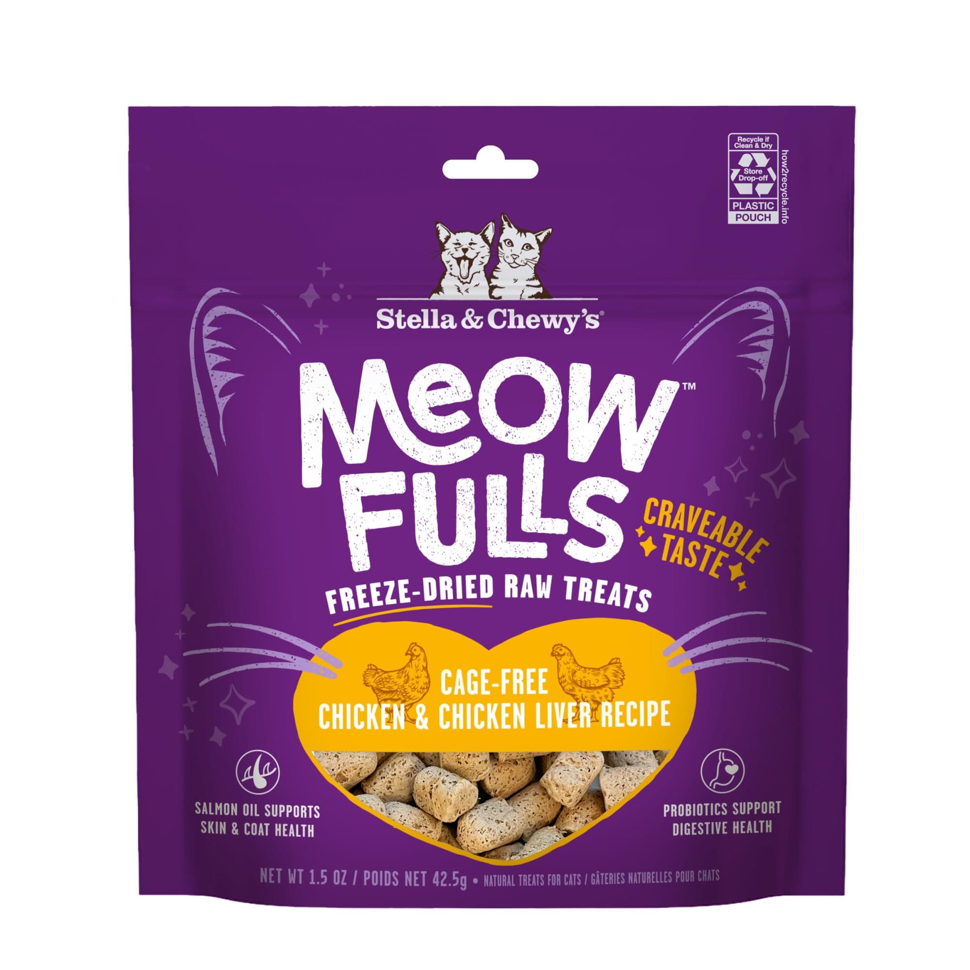 Stella & Chewy's Meowfulls Freeze Dried Cat Treats - Chicken & Chicken Liver Recipe - Raw Protein with Probiotics & Salmon Oil - 1 Calorie Per Treat - 1.5 oz