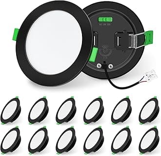 ALUSSO LIGHTING Black LED Downlights Dimmable Recessed Ceiling Lights 10W 1050lm High Brightness, 3000K Warm 4000K Neutral 6500K Cool White Bathroom Spotlights Ceiling Ultra Slim IP44 Kitchen, 12 Pack