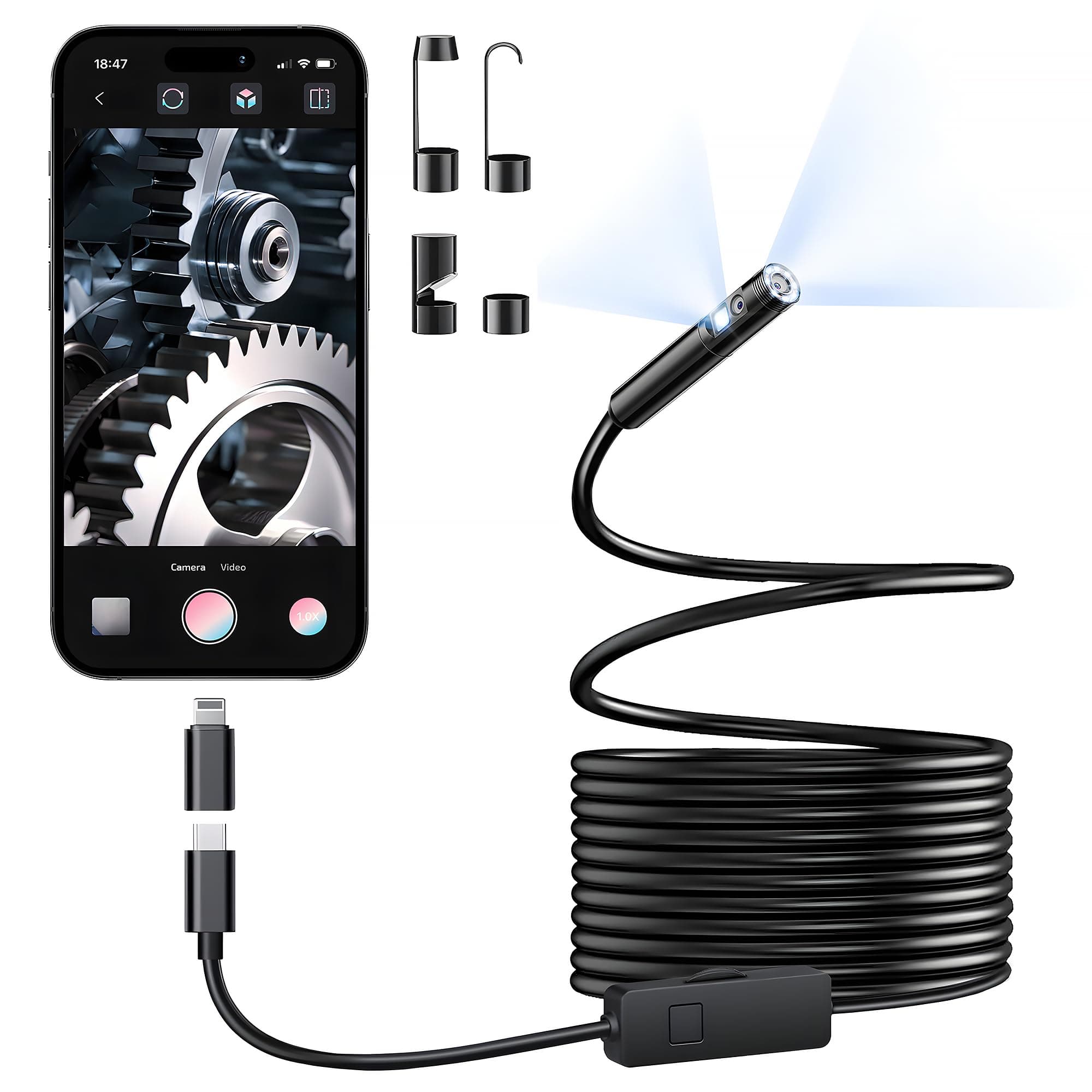 Elecshion [Dual-Lens] Endoscope Camera with Light, 1920P HD Borescope with 8+1 Adjustable LED Lights, IP67 Waterproof 16.5FT Semi-Rigid Snake Cord Inspection Camera for iPhone, iPad and Android