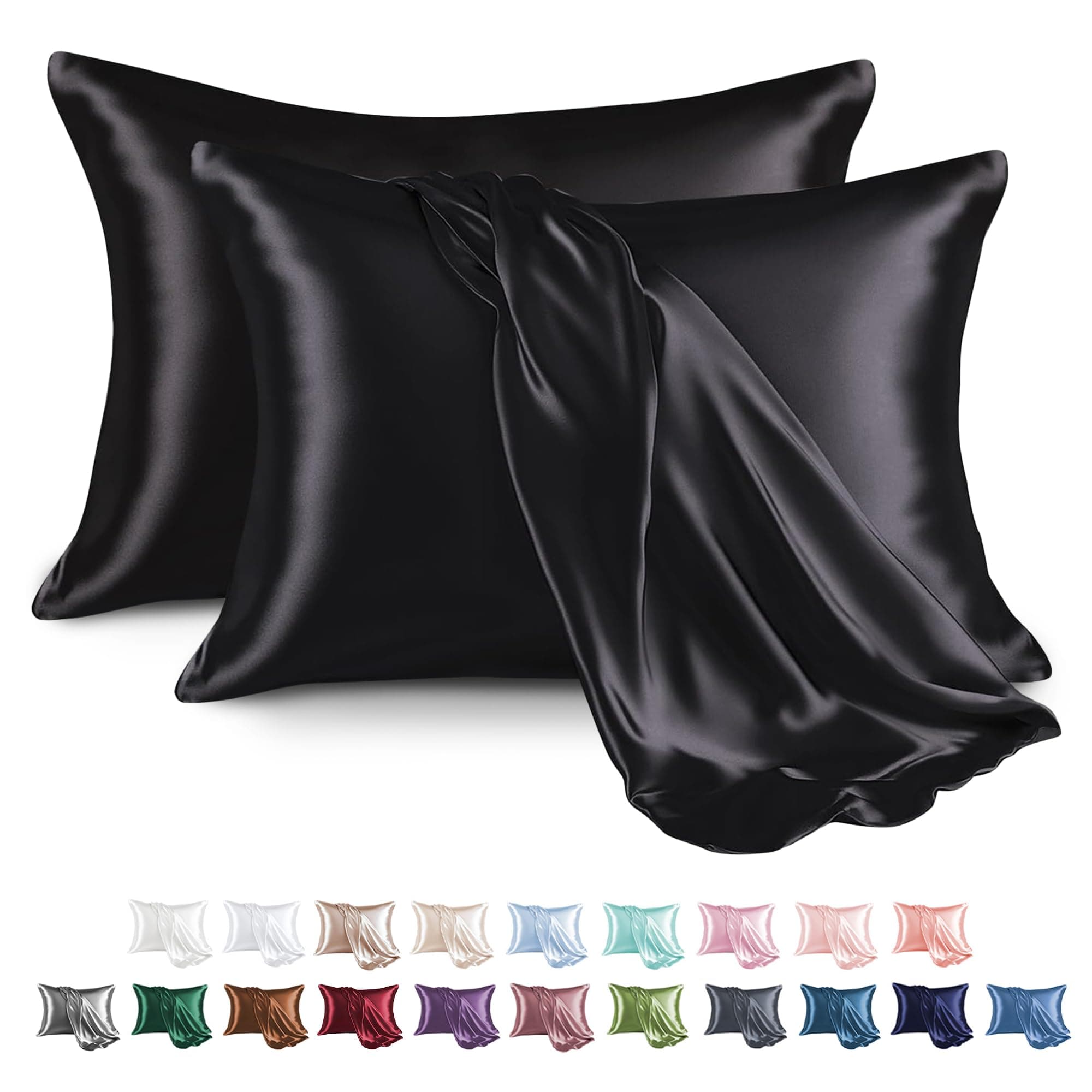MR&HM Satin Pillowcase for Hair and Skin, Silk Satin Pillowcase 2 Pack, Queen Size Pillow Cases Set of 2, Silky Pillow Cover with Envelope Closure (20x30, Black)