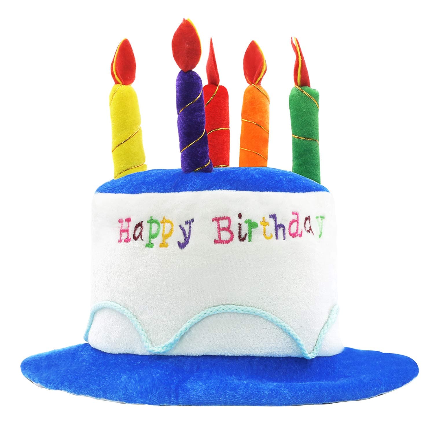 Novelty Place Blue Plush Happy Birthday Cake Hat - Unisex Adult Size Fancy Dress Party Hats - Perfect as Party Favors, Costume Accessories - Cake & 5 Multicolor Candles