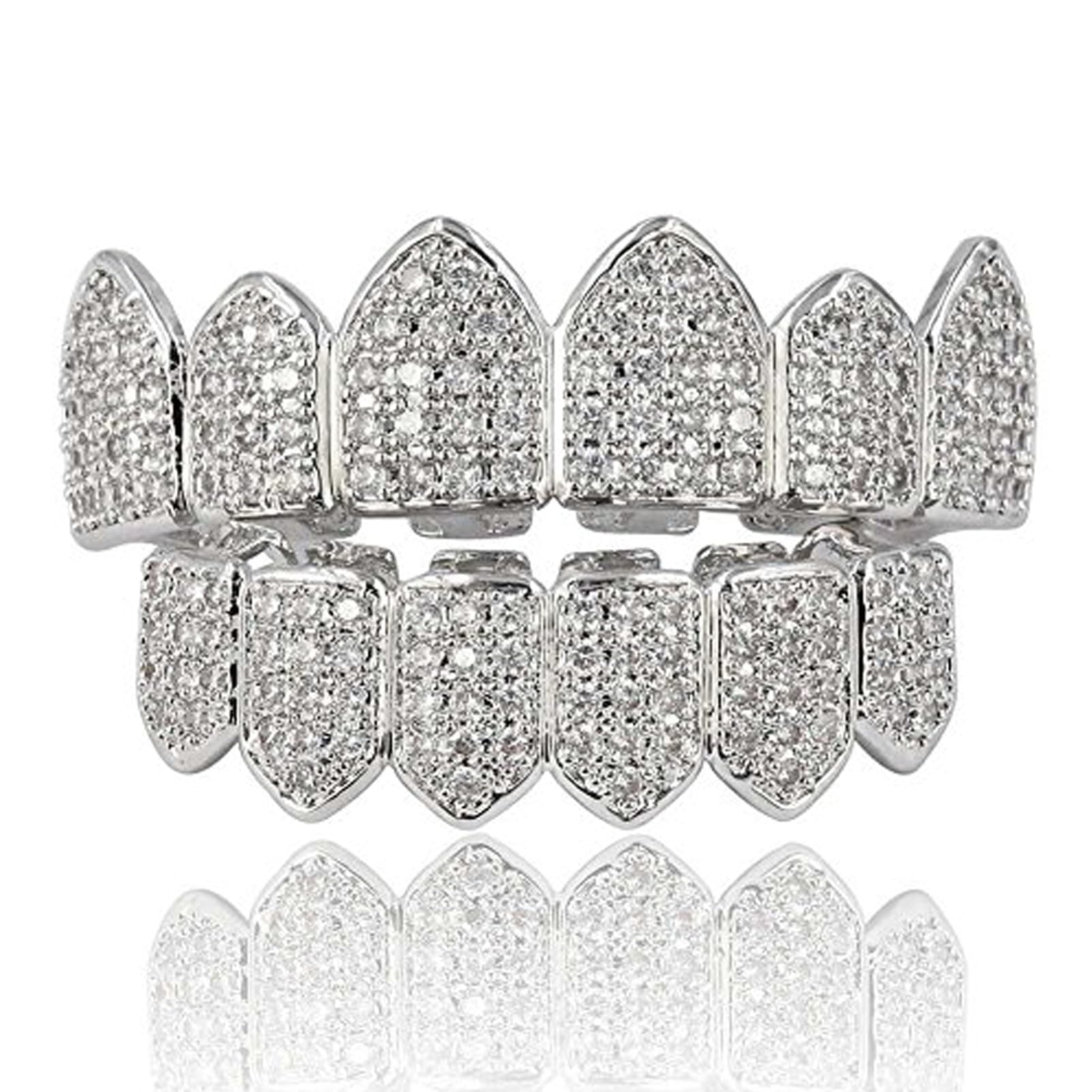 Grillz Diamond Grills for Your Teeth for Men Women 18K Gold Plated Iced Out Macro Pave Cubic Zirconia Mouth Grill with Extra Molding Bars Included