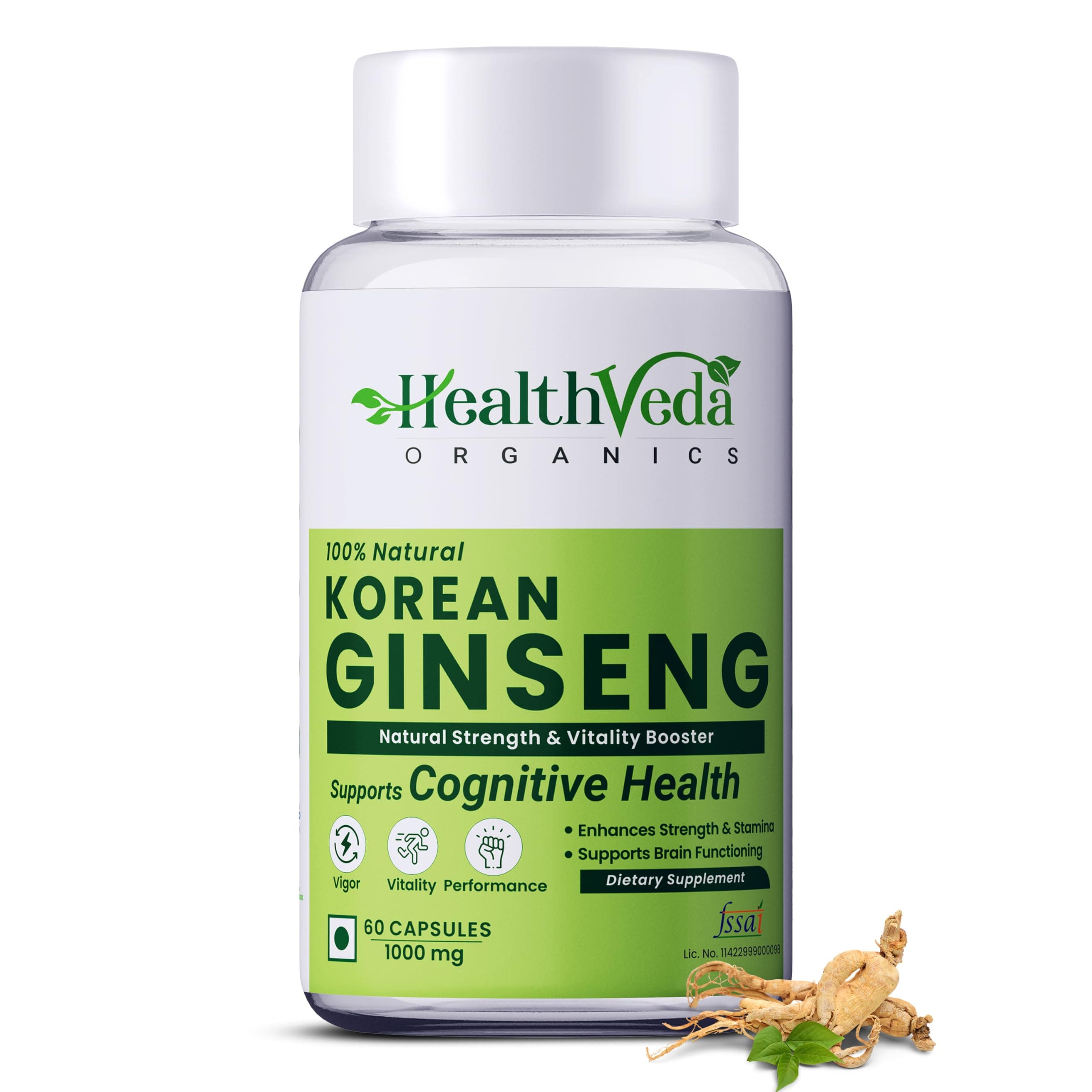 Health Veda Organics Korean Red Ginseng 1000 mg | 60 Veg Capsules | Energy, Stamina & Strength Support | For Men & Women