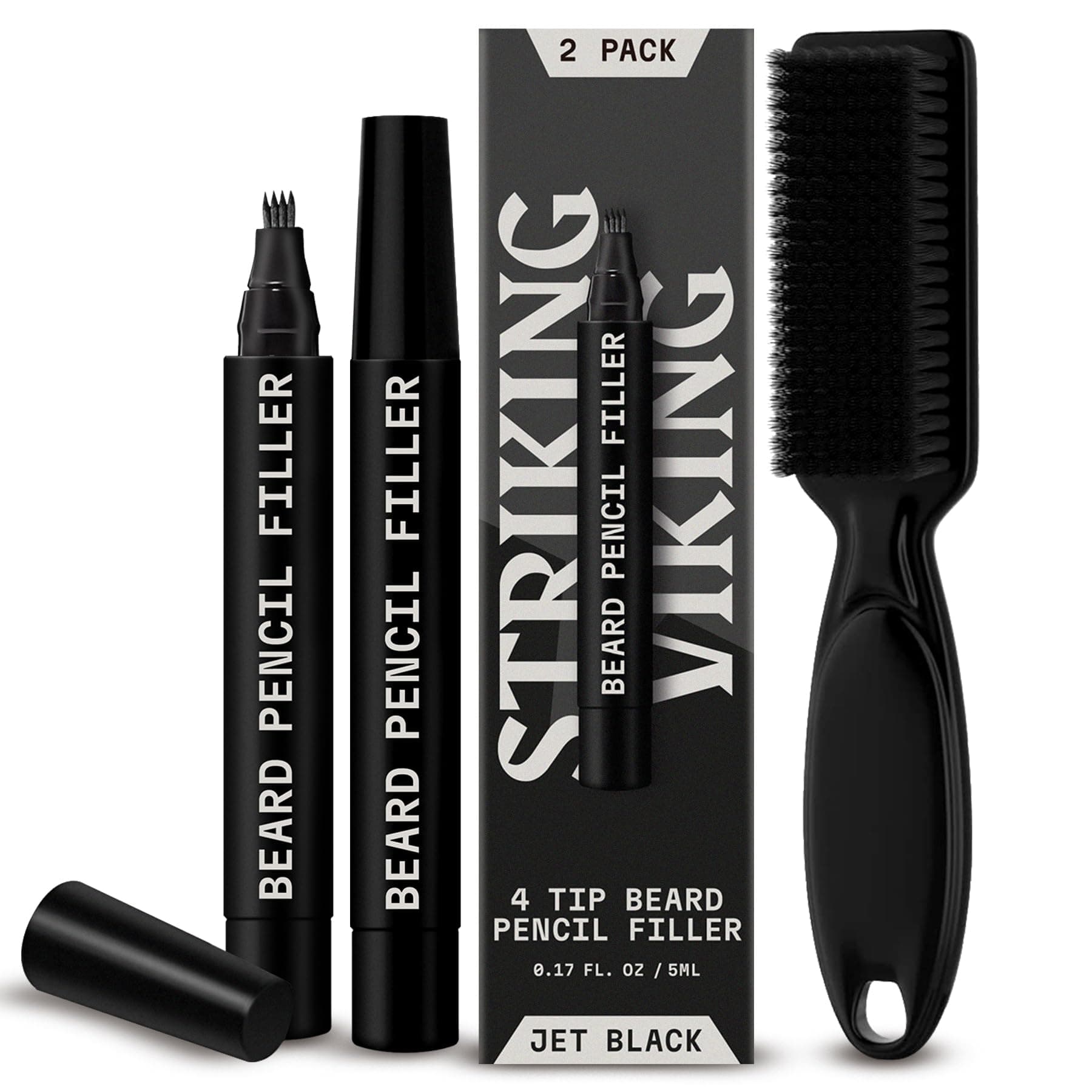 Striking Viking Beard Pencil Filler For Men - Jet Black, 2 Pack - Temporary Beard Dye - Waterproof Sweatproof Long Wear Beard Filler Pen for Touchups & Gap Contouring - Enhances Facial Hair