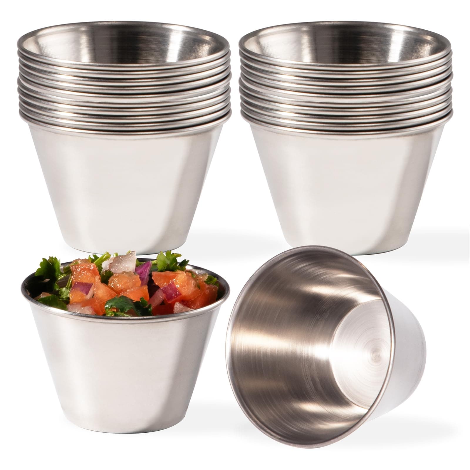 [24 Pack] Stainless Steel Sauce Cups - Individual Round Seasoning Ramekins Commercial Grade Safe/Portion Dipping Sauce Kitchen Set 4 oz Silver