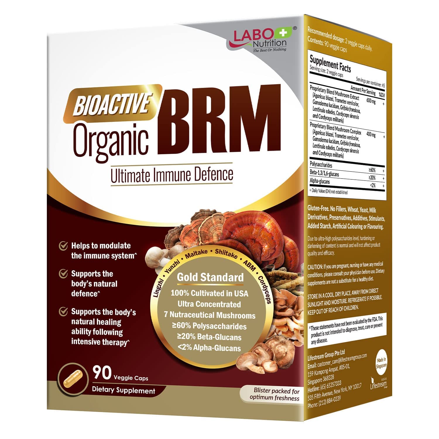 LABO NutritionBioactive Organic BRM - Advanced Immune Support & Maintain Natural Killer Cell Activity; 6 Therapeutic Mushrooms Lingzhi, Yunzhi, Maitake, Shiitake, Agaricus Blazei Murill & Cordyceps
