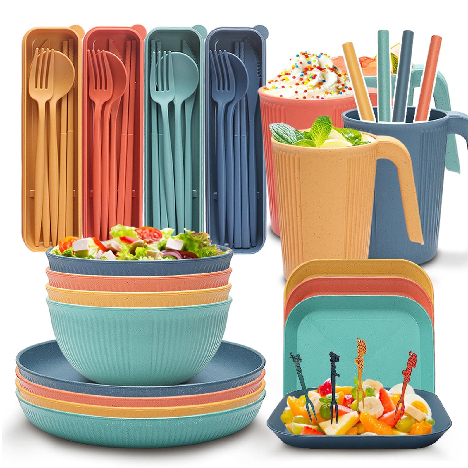 Oonkaf Wheat Straw Dinnerware Sets - 52 Piece Unbreakable Dinnerware Sets, Reusable Wheat Straw Plates and Bowls Sets, Travel Camping Cutlery Set, Dishwasher Microwave Safe Dinnerware