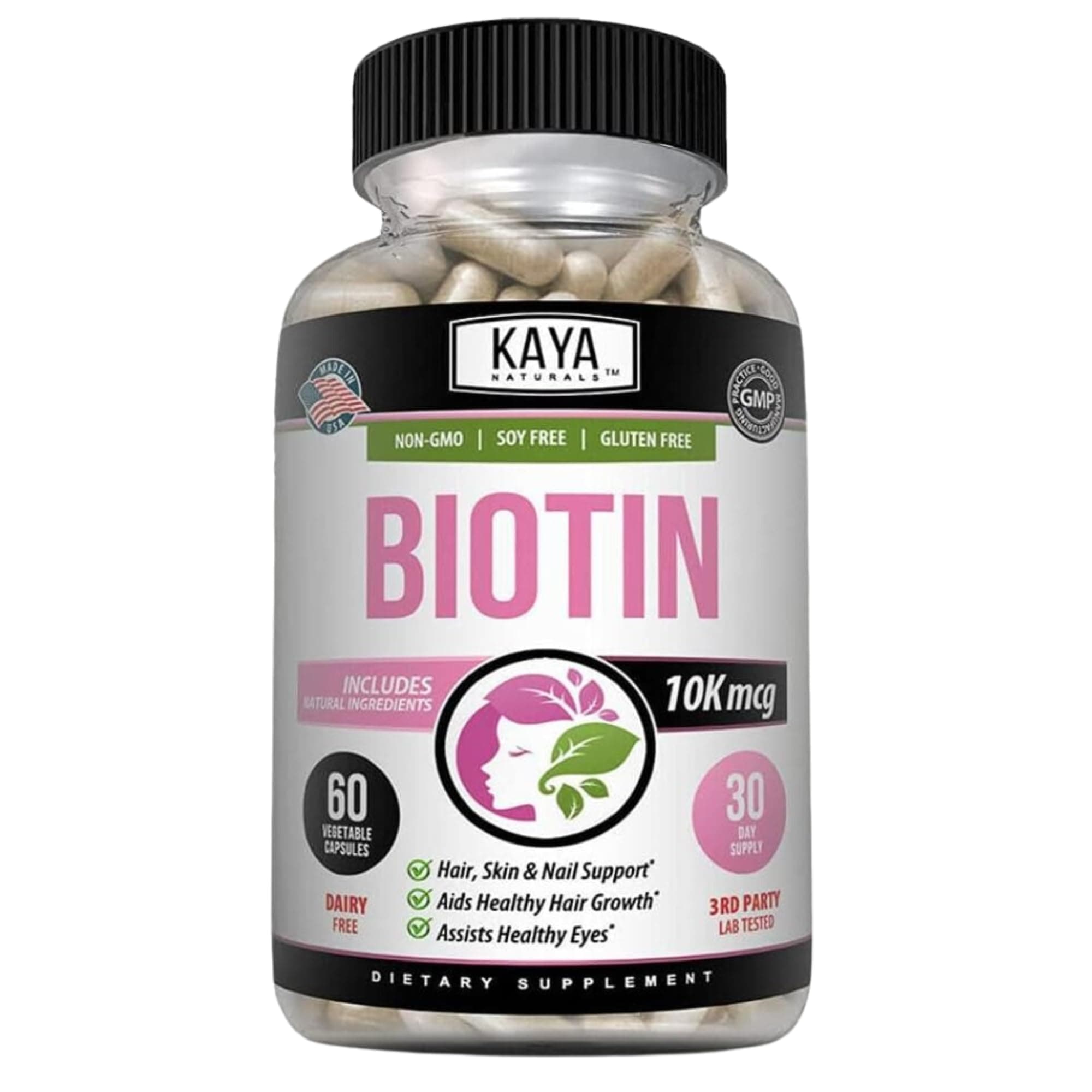 Kaya NaturalsBiotin 10,000mcg Hair Growth Vitamins - Strong Nails, Healthy Skin Supplement for Women and Men - Healthier Hair & Skin - 60 Count