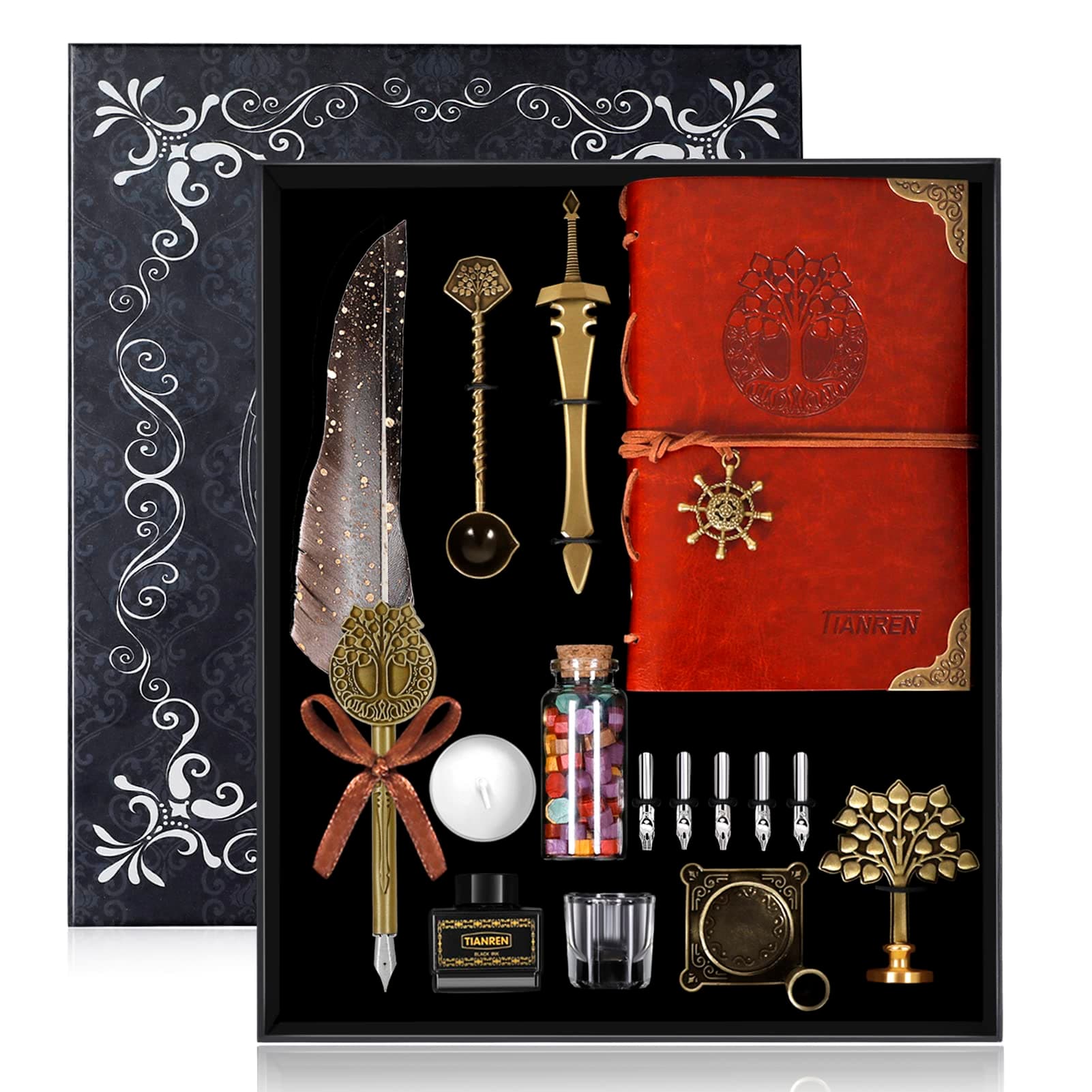 Feather Dip Pen and Ink Set,quill pen ink set,Antique Calligraphy Pen with 5 Replaceable Nibs,Wax Seal Stamp,Wax Beads &Leather Writing Notebook Christmas Gift for Men&Women.(Grey)