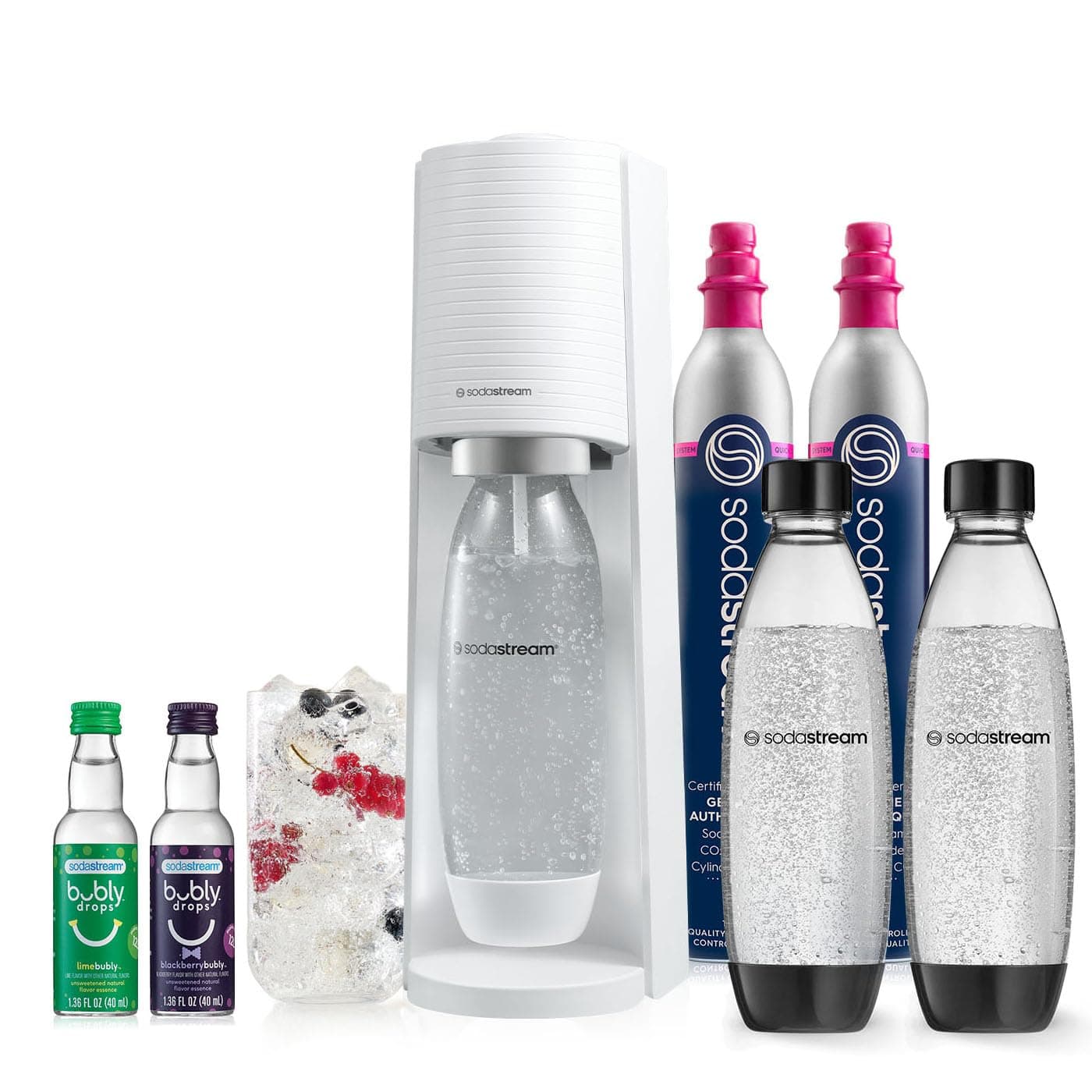 Terra Sparkling Water Maker | VALUE BUNDLE | CQC CO2 system | Includes 2x CO2 Cylinders, 3x 32 Fl Oz Dishwasher Safe Bottles, 2x Bubly Flavor Drops | Combine with Pepsi Flavors | White
