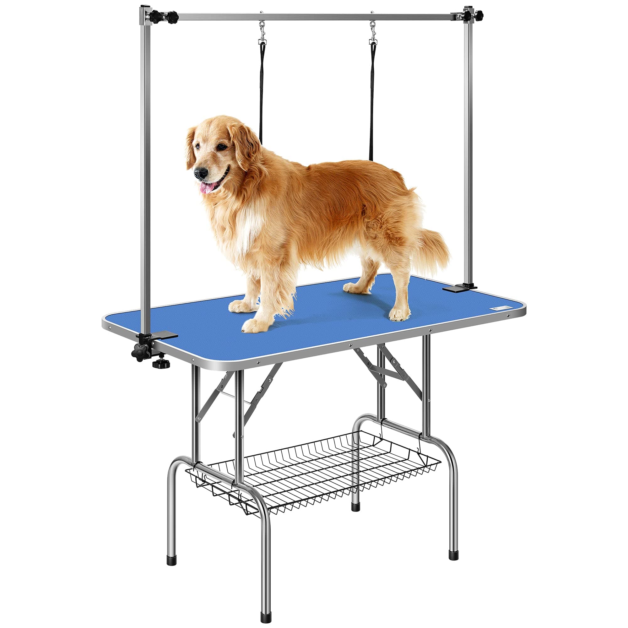 DEStar 45 x 24 Inch Collapsible Pet Grooming Table with Adjustable Height Arm, Noose and Mesh Tray for Large Dogs up to 265 Lbs