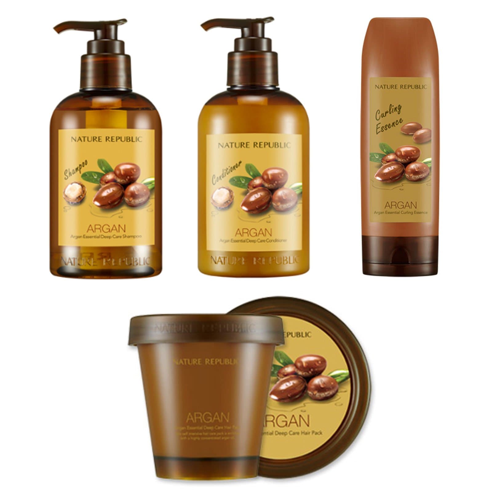 Nature Republic Argan Essential Deep Care Set 4 Shampoo 300 Ml 1 Conditioner 300 Ml 1 Hair Pack 200 Ml 1 Curling Essence 115 Ml 1 Argan Oil Moisture Special Hair Care