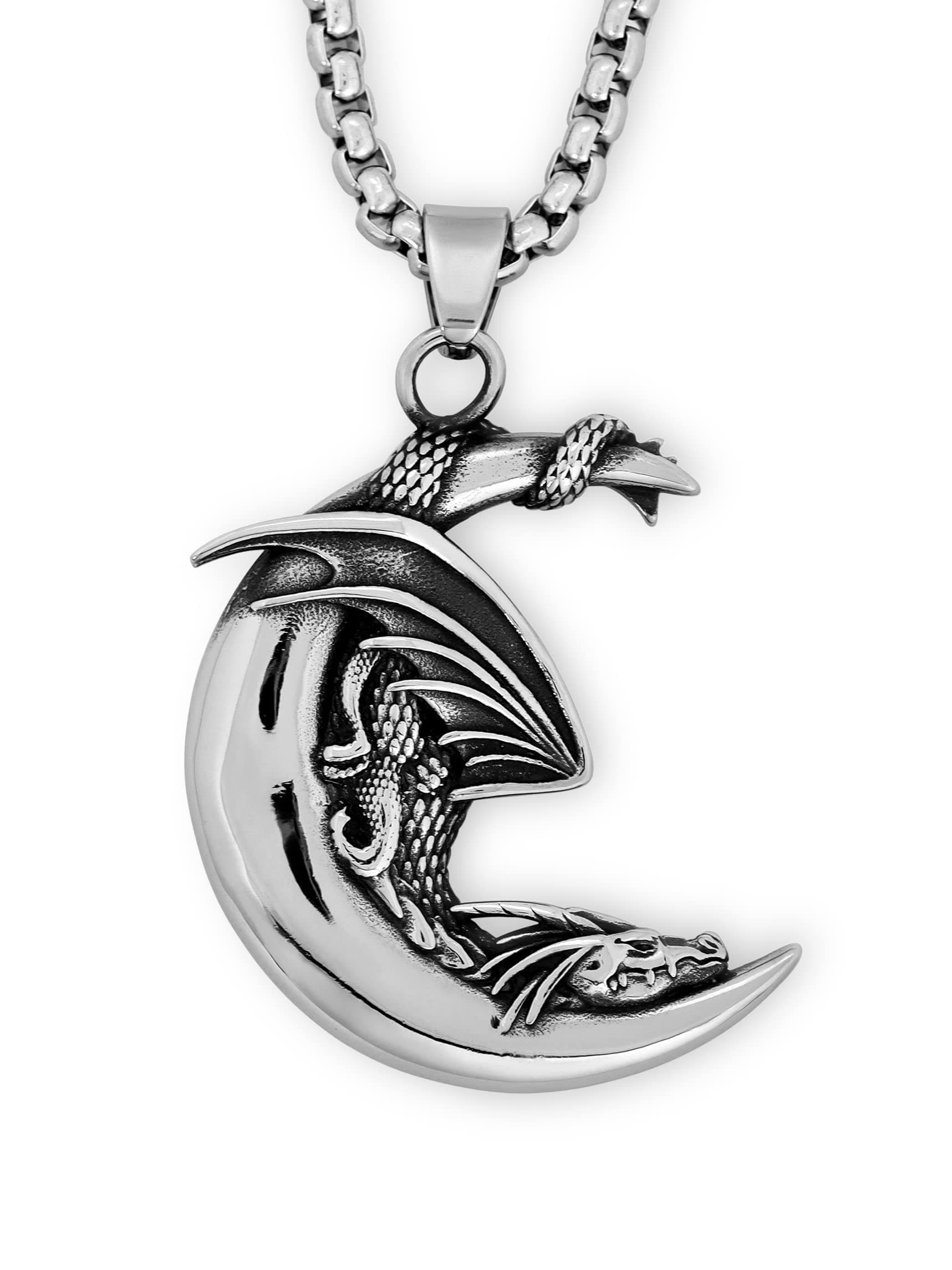 Dragon Necklace for Men, Stainless Steel Slumbering Dragon on Crescent Moon Pendant, Box Chain, Animal Totem Jewelry Gift