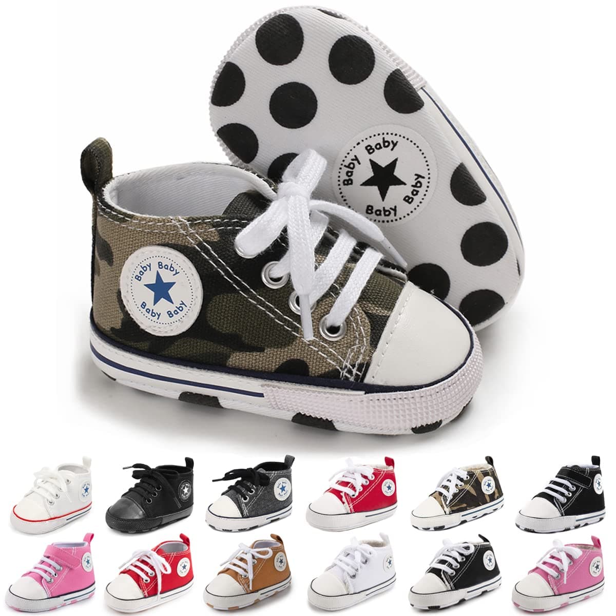 KIDSUN Unisex Baby Boy Girl Canvas Sneaker Soft Sole Infant Lace up Newborn Ankle Toddler First Walkers Crib Shoes