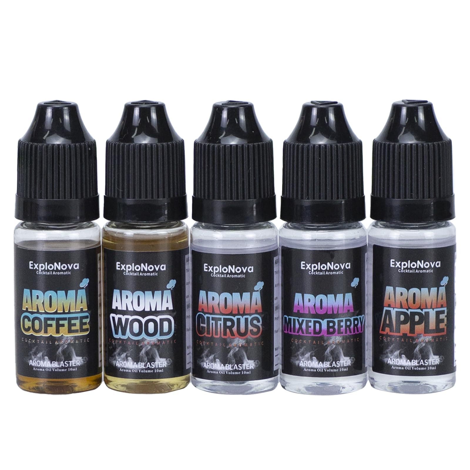 ExploNova Cocktail Bubble Gun Kit Accessories, 5 Flavour: Apple, Citrus, Coffee, Strawberry and Blueberry Mix, Apple Wood - Works with Bartender Smoke Bubble Gun (Aromatic Oils)