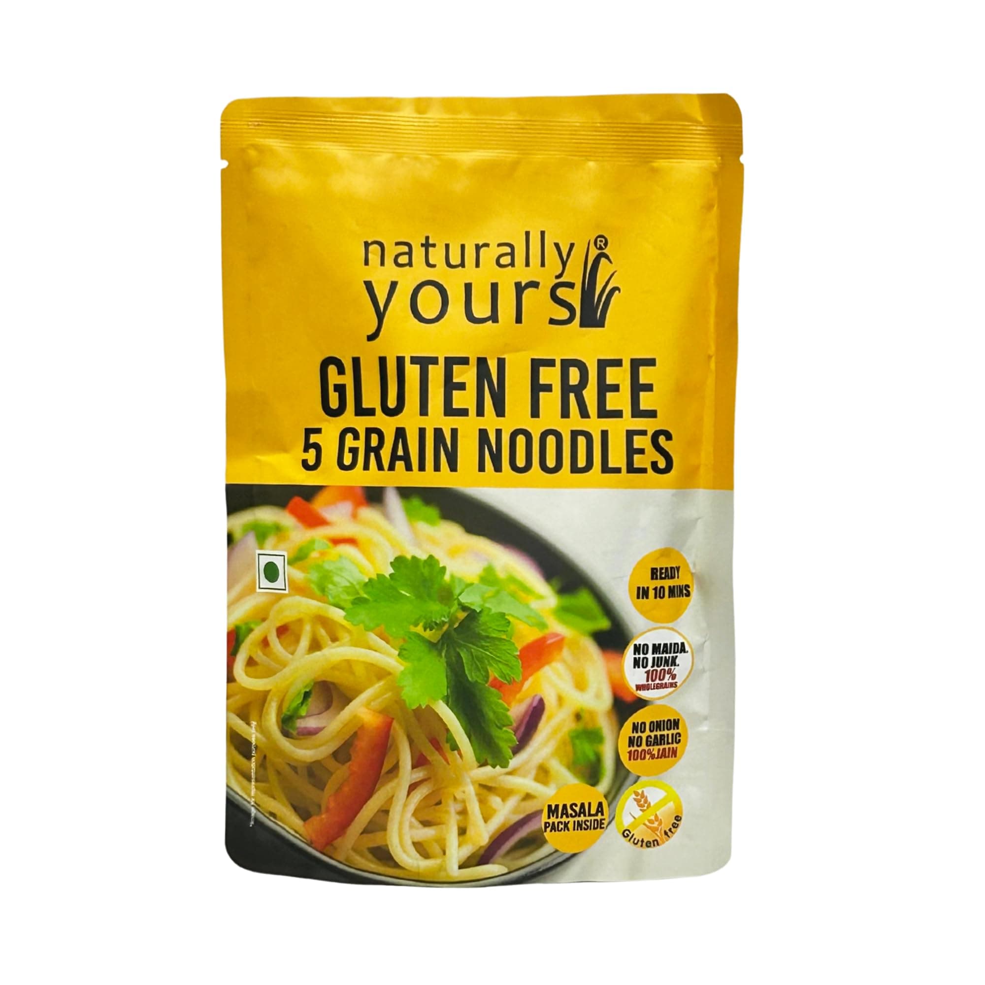 Naturally Yours Gluten-Free 5 Grain Noodles – No Maida, Not Fried, Vegan, No Preservatives, No Onion No Garlic, 100% Jain-Friendly | Includes Tastemaker | Made with Corn, Amaranth, Bengal Gram, Jowar & Rice | 100g Pack of 1