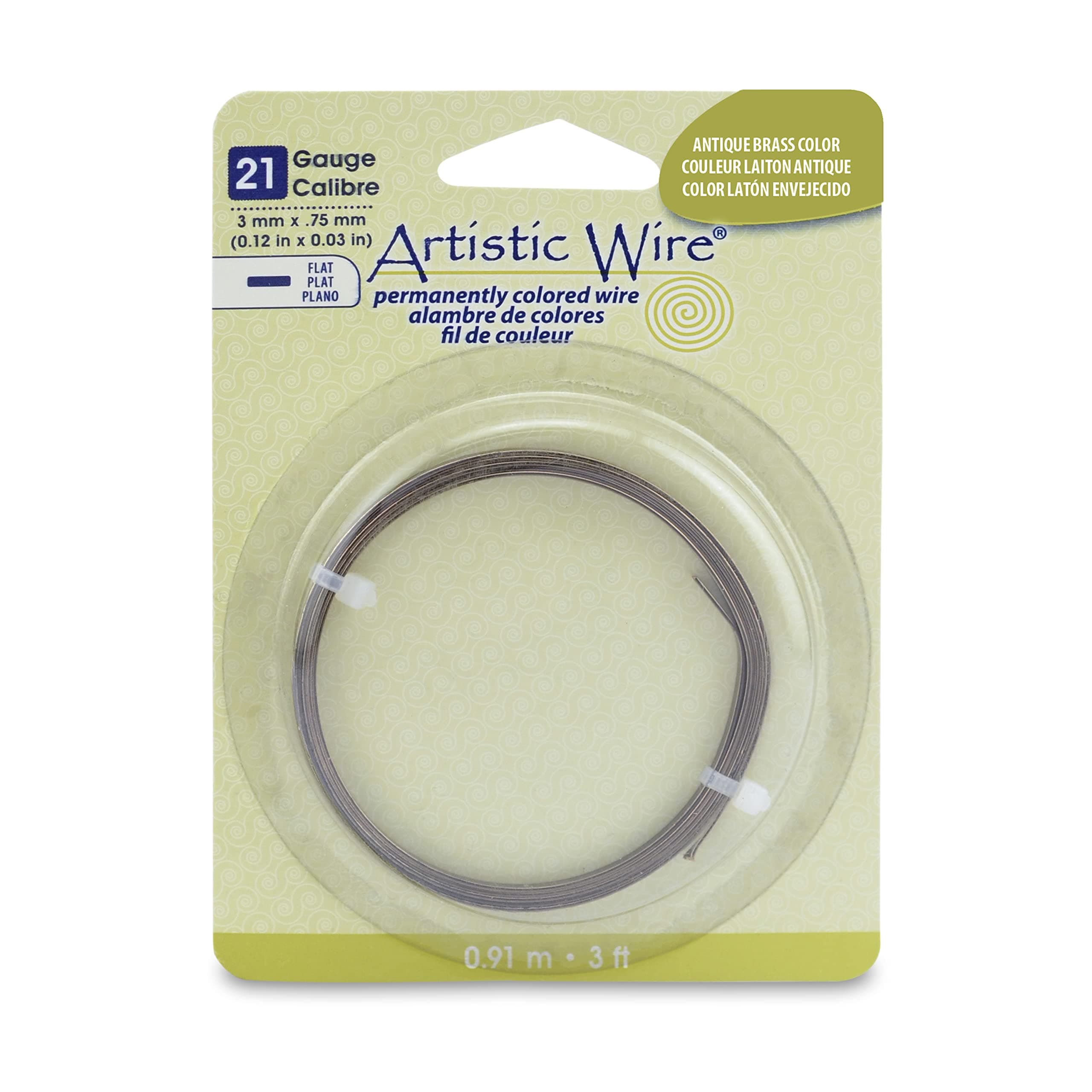 Artistic Wire, 21 Gauge, Flat, 3 mm x .75 mm / 0.12 in x 0.03 in, Antique Brass Color, 3 ft / .91 m