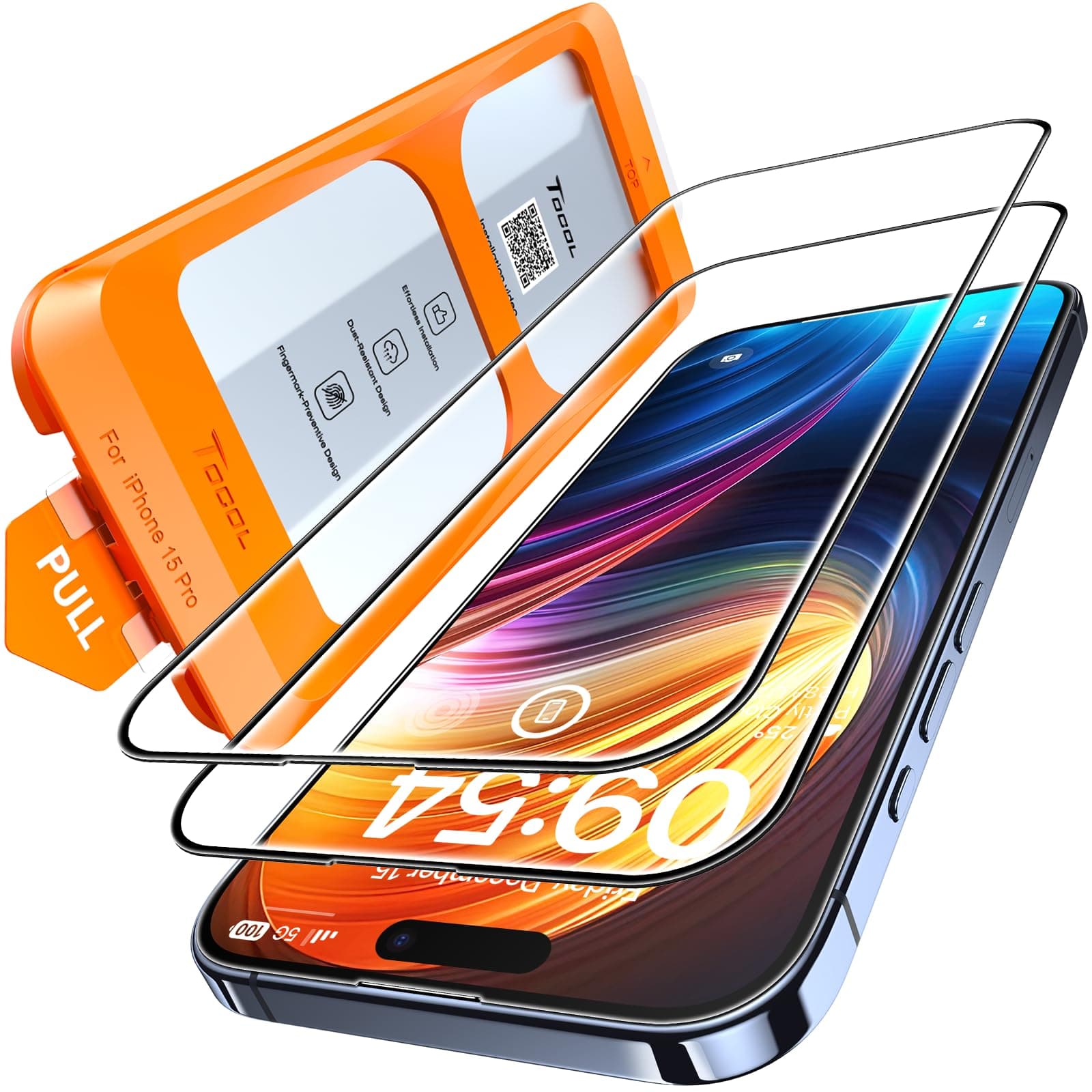 TOCOL 2 Pack for iPhone 15 Pro Screen Protector [Instant Installation] [Auto-Dust Removal] [HD Clear], Unbreakable 9H+Hardness Shatterproof Tempered Glass [Bubble Proof] for iPhone 15 Pro