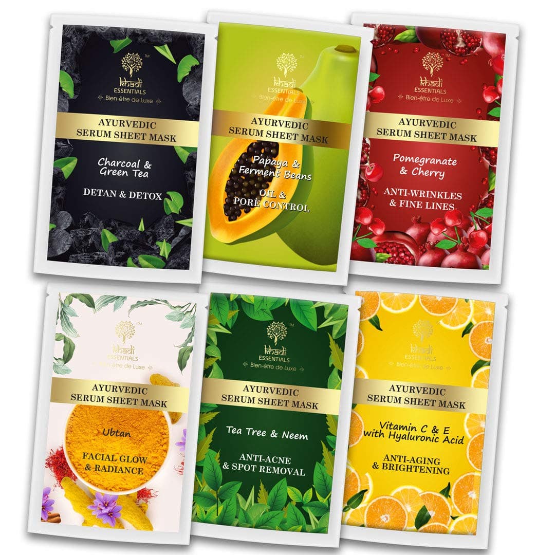 Khadi Essentials Combo of Ayurvedic Face Sheet Mask for Women & Men for Glowing Skin with Vitamin C, Tea Tree, Ubtan, Charcoal, Papaya & Pomegranate, Pack of 6 (25gm*6)