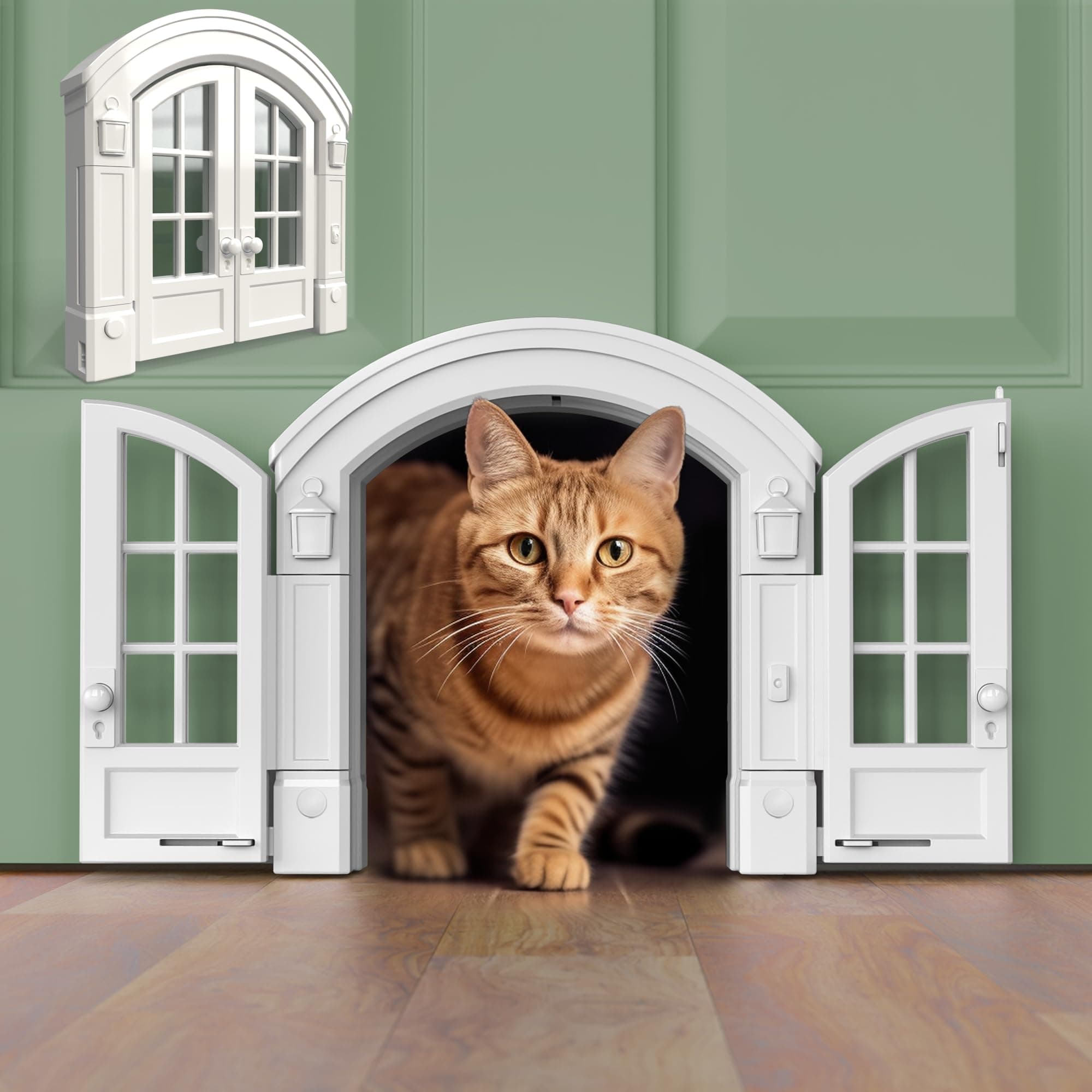 Purrfect Portal French® Cat Door - Stylish No-Flap Cat Door Interior Door for Average-Sized Cats Up to 20 lbs, Easy DIY Setup, Secured Installation in Minutes, No Training Needed, 7.13 x 8.32”