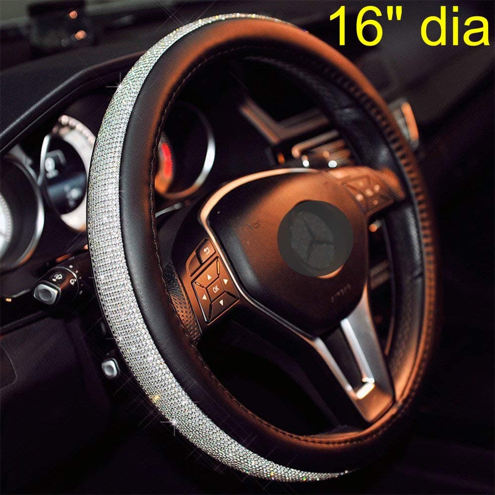 Sino Banyan Bling Car Accessories Car Steering Wheel Cover, Steering Wheel Cover Women, Fuzzy, Leather, Black ，16 inch for Women, Extra Large,PU Leather with Bling Bling Rhinestones
