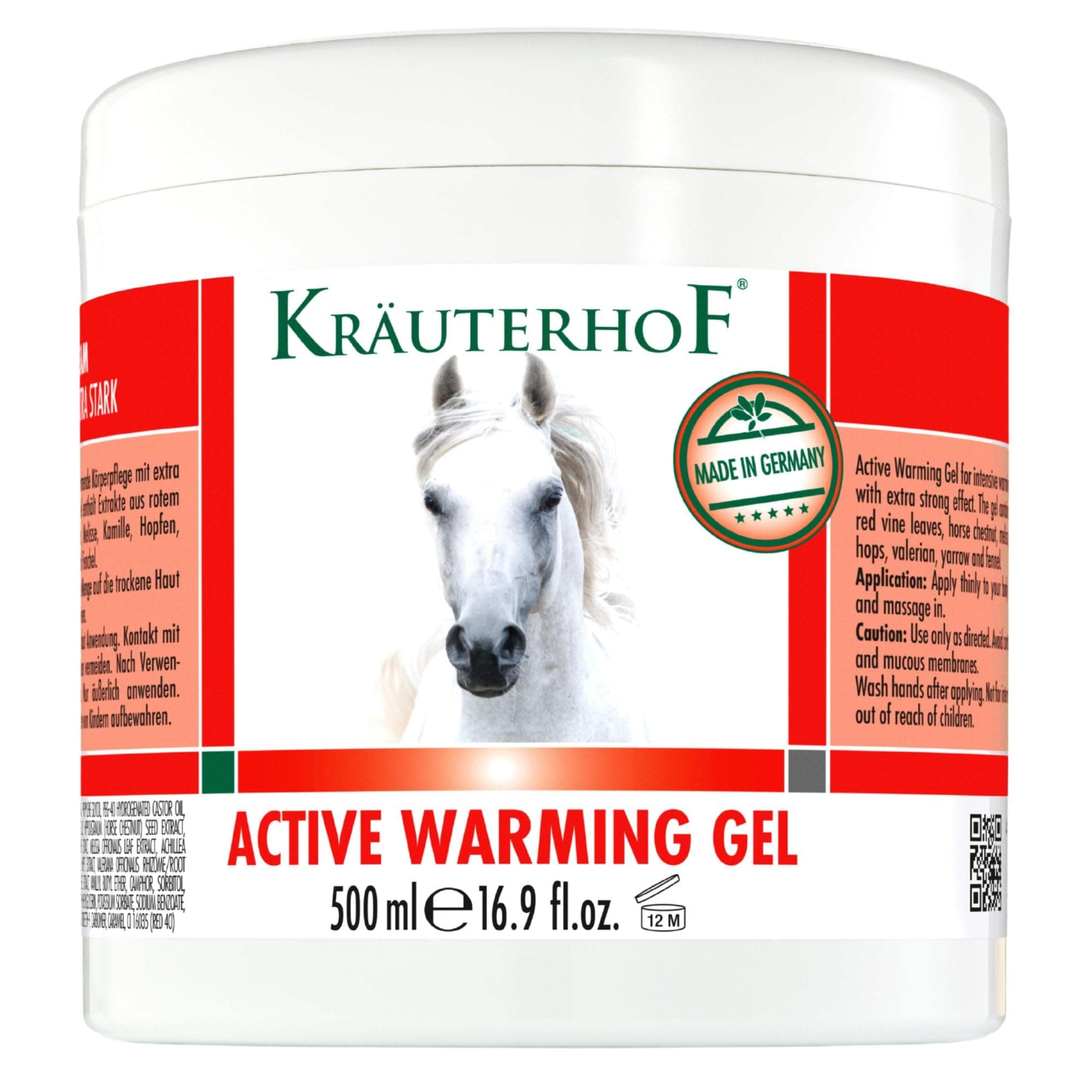 Kräuterhof Horse Balm Extra Strong Warming Massage Gel with Extracts of Red Vine Leaf / Horse Chestnut / Lemon Balm / Chamomile / Hops / Valerian / Yarrow / Fennel / Mistletoe / 500 ml