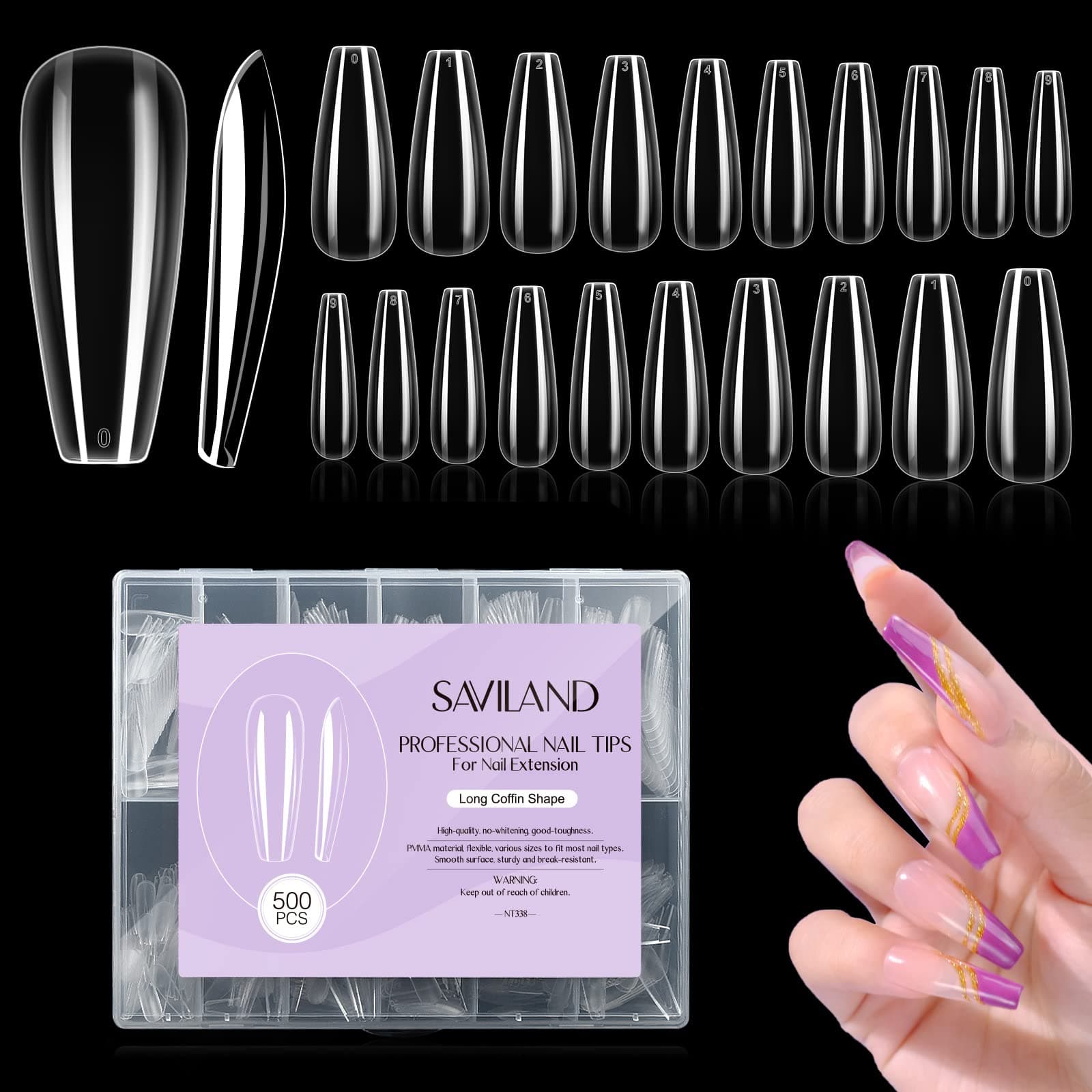 SAVILAND Gels Nail Tips – Full Gel Nail Tips 500Pcs Coffin Nail Tips for Acrylic Nails Professional/Dipping Powder/Polygel/Gel Nail Polish No Need to File Nail Art DIY Salon at Home Gift Women