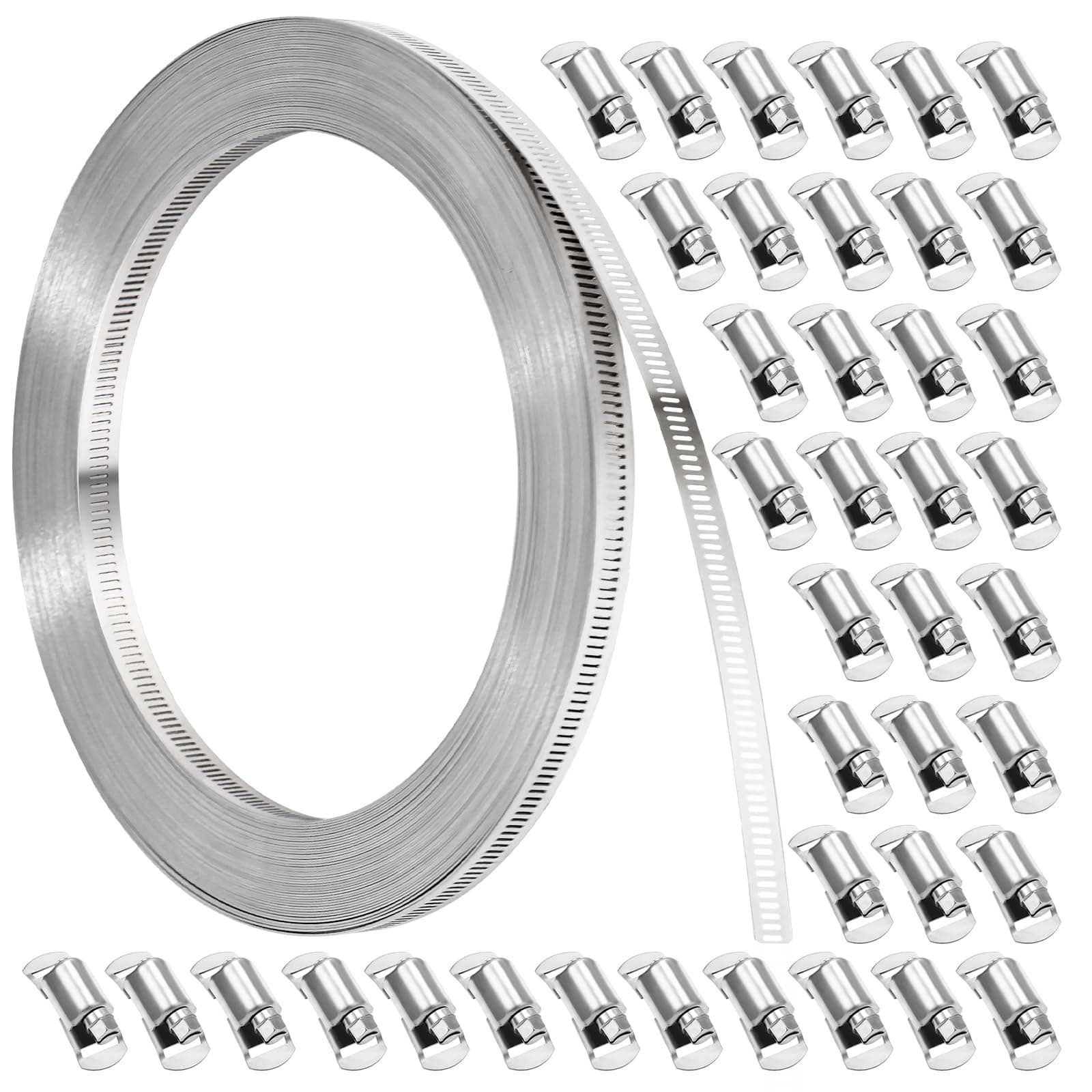 Hose Clamps, DIY 100 FT Metal Strap + 40 Fasteners, Hose Clamps Stainless Steel, Large Adjustable Hose Clamp Pipe Clamp for Pipe Automotive Mechanical Applications
