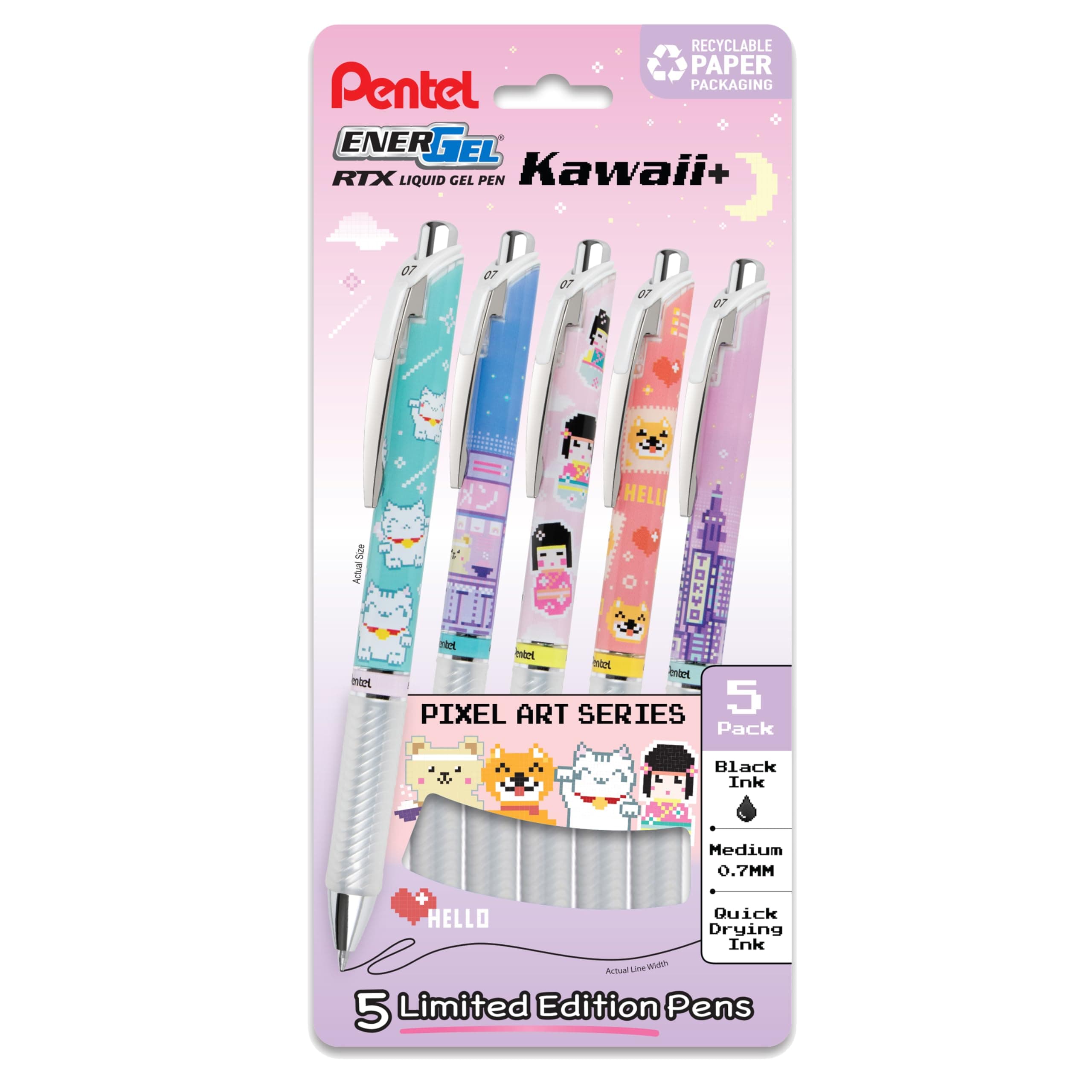 EnerGel RTX Liquid Gel Pen, Kawaii Tokyo Designs, (0.7mm), Medium Line, Black Ink, Pack of 5 (BL77KWIPF5A)