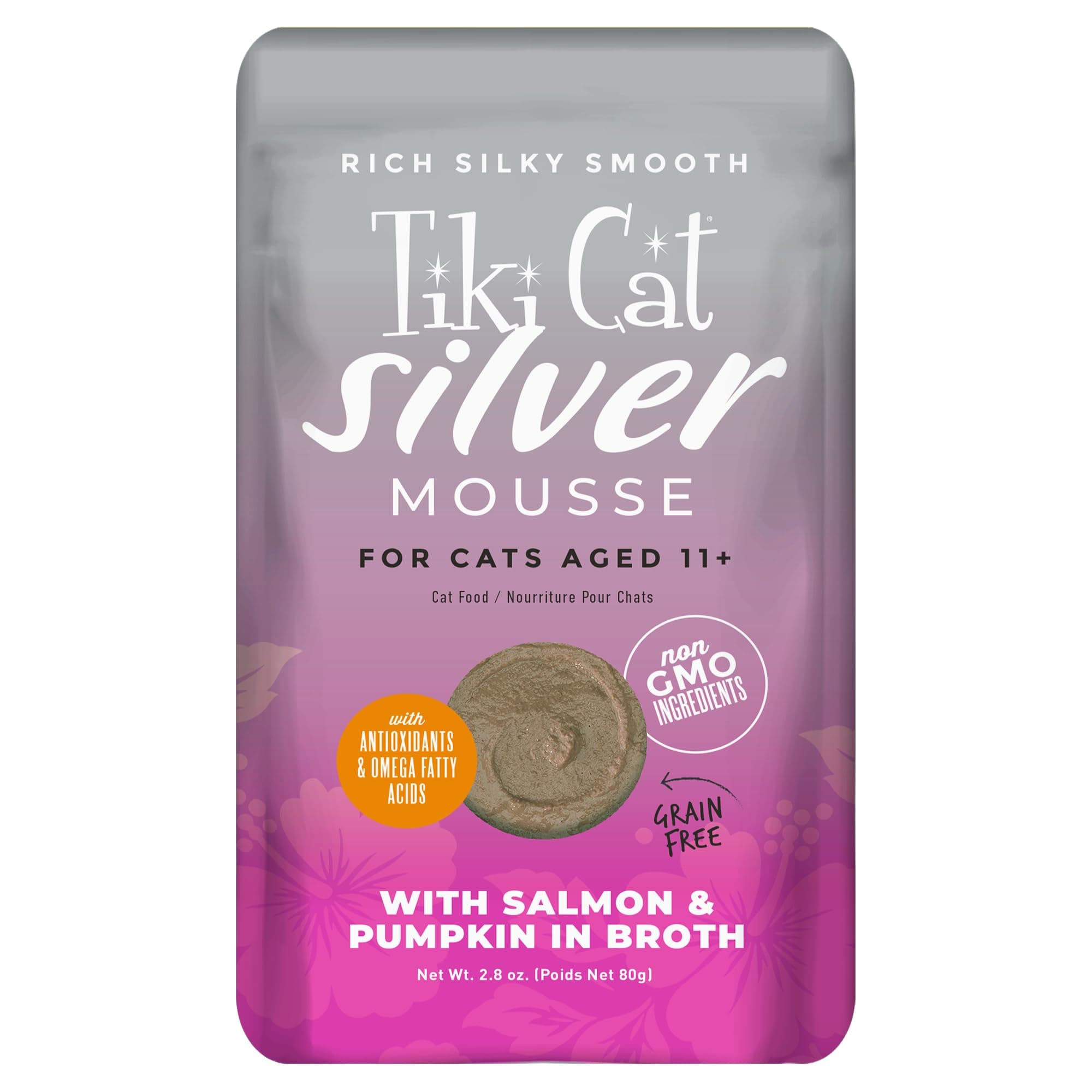 Tiki Cat Silver Mousse, with Salmon & Pumpkin in Broth, Silky Smooth Nutrient Rich Formulated for Older Cats Aged 11+, 2.9 oz. Pouch (12 Count)