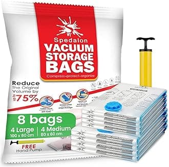 Vacuum Storage Bags - Pack of 8-4 Large (40x31) + 4 Medium (31x25) Reusable Space Savers with Free Hand Pump for Travel Packing - Best Seal Bags for Clothes, Comforters, Pillows, Curtains, Blankets