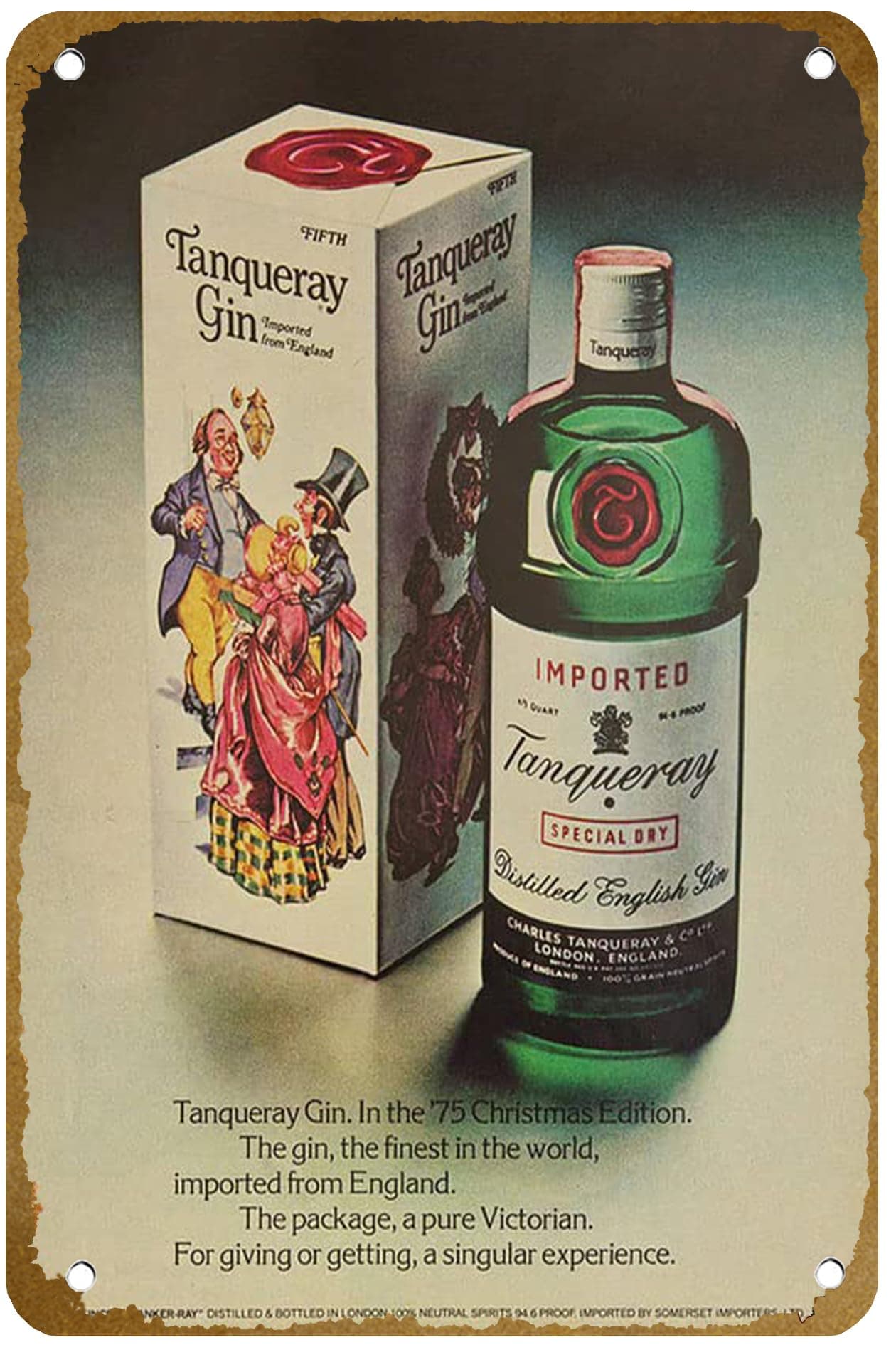 Vintage 1975 Tanqueray Gin Advertisement Poster Vintage Metal Tin sign Logo Family Club Bar Cafe Bedroom Art Wall Decoration Gift 8x12 inches