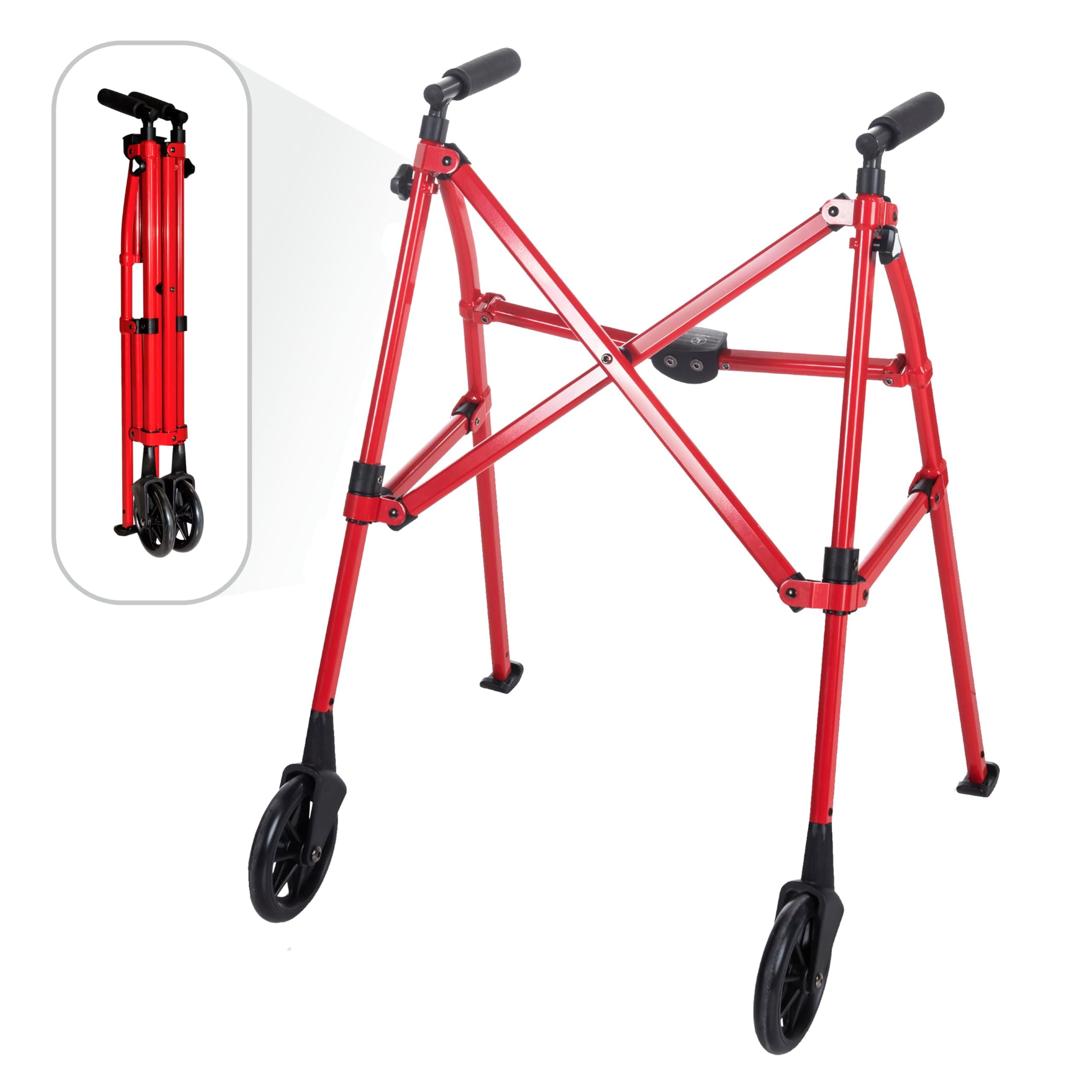 Able Life Space Saver Walker - Lightweight, Foldable Rolling Mobility Support for Adults, Seniors, and Elderly - Compact Travel Walker With 6-inch Wheels and Ski Glides, Sport Red