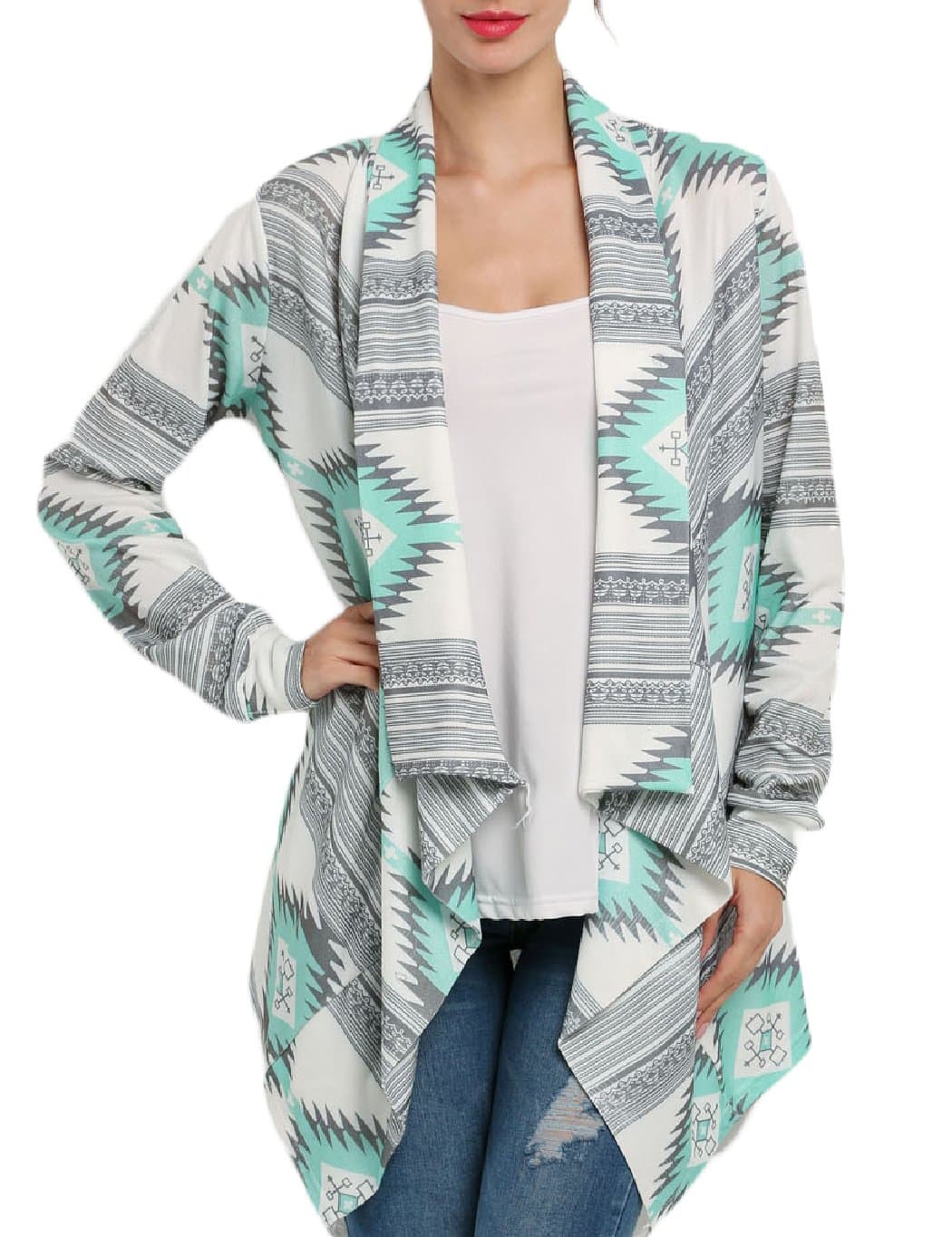 Women Long Sleeve Geometric Print Open Front Loose Outwear Jacket Coat Top