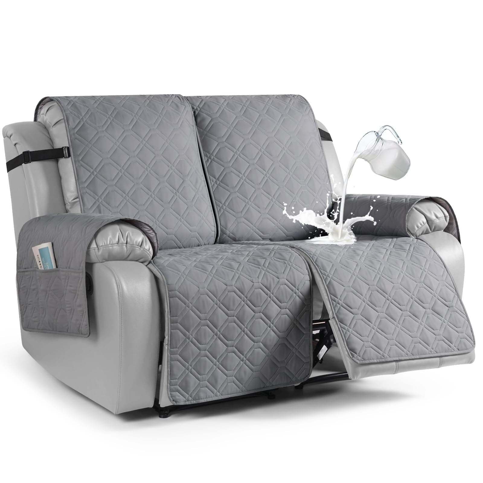 VANSOFY Waterproof Recliner Couch Covers, Sofa Covers 1-Piece Washable Reclining Sofa Cover Non-Slip Furniture Protector with Elastic Straps Pocket for Dogs, Pets(Light Gray,Oversized 2 Seater)