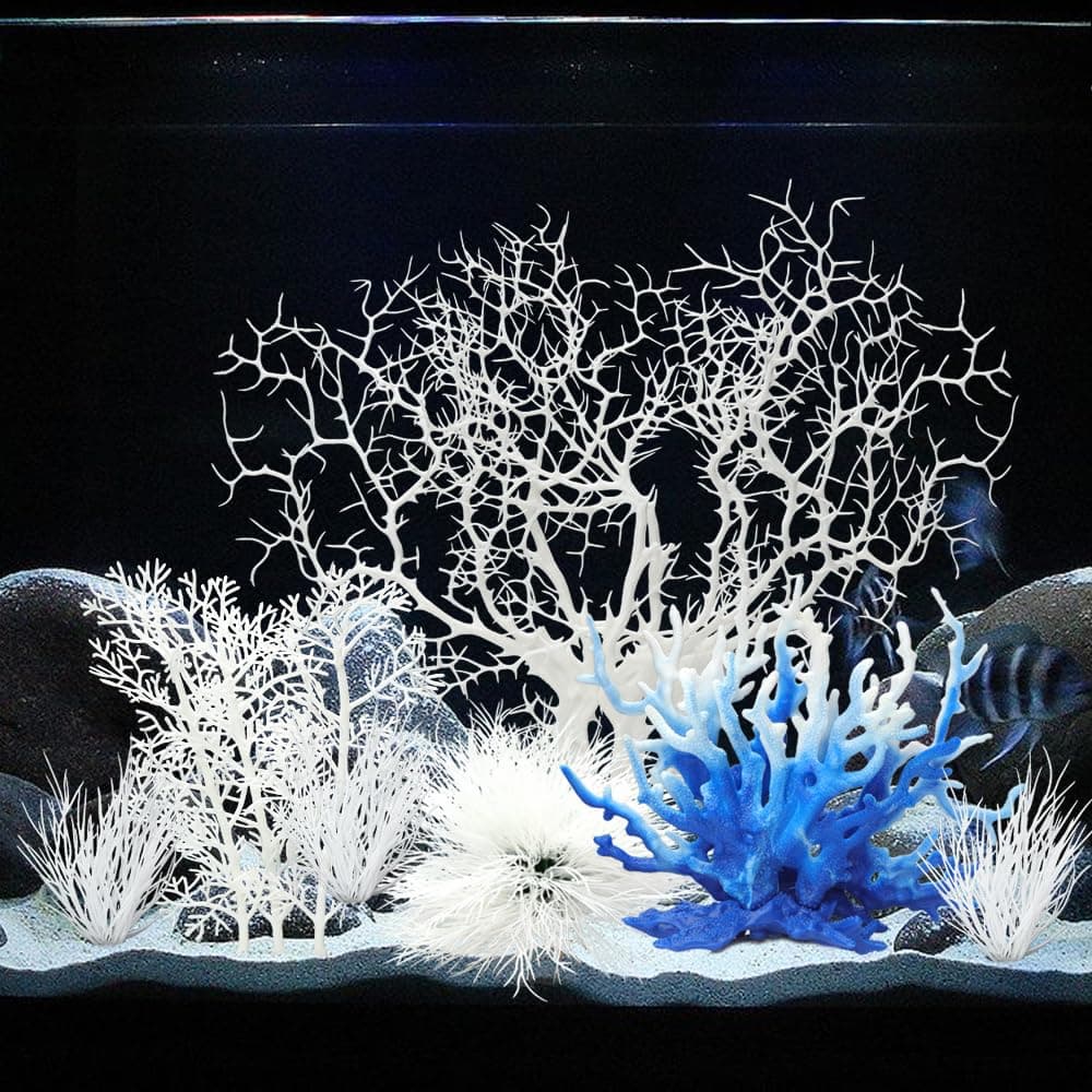 8 Pack Artificial Coral Ornament, Aquarium Plasitc Water Plants for Fish Tank Decorations (White Set)