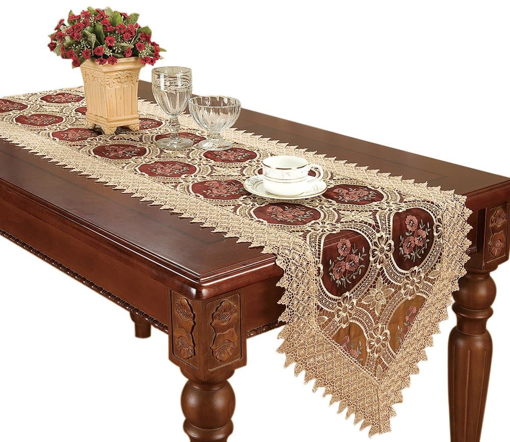 Simhomsen Antique Gold Lace Table Runner Embroidered Burgundy Organza 16 × 90 Inch