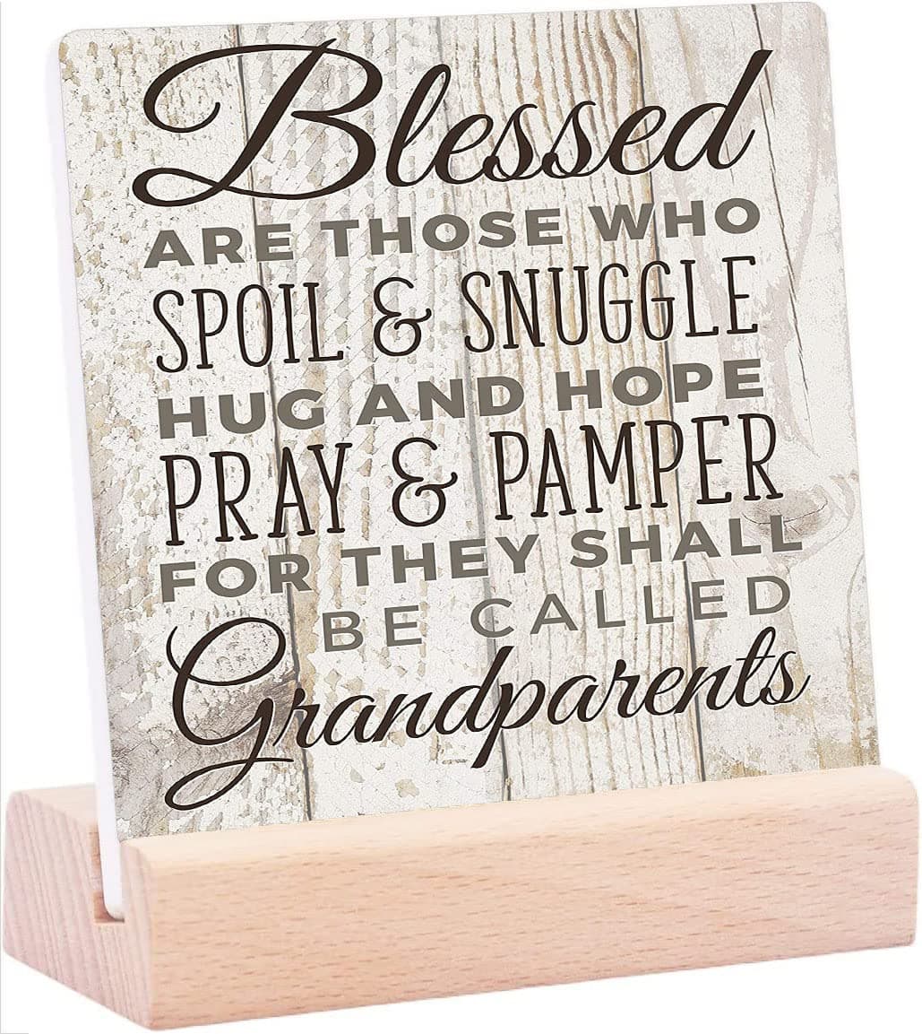 Blessed Are Those Who Spoil And Snuggle Grandparents Tabletop Sign Ceramic Table Plaque with Wooden Stand Motto Desk Decorations Office Decor Inspiration Positive Unique Gifts for Birthday Christmas