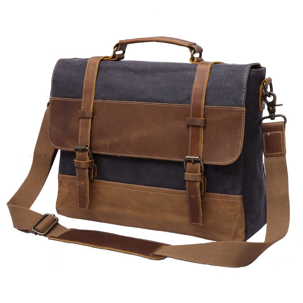 Men Messenger Bag Crazy Horse Leather Waxed Canvas Crossbody Black