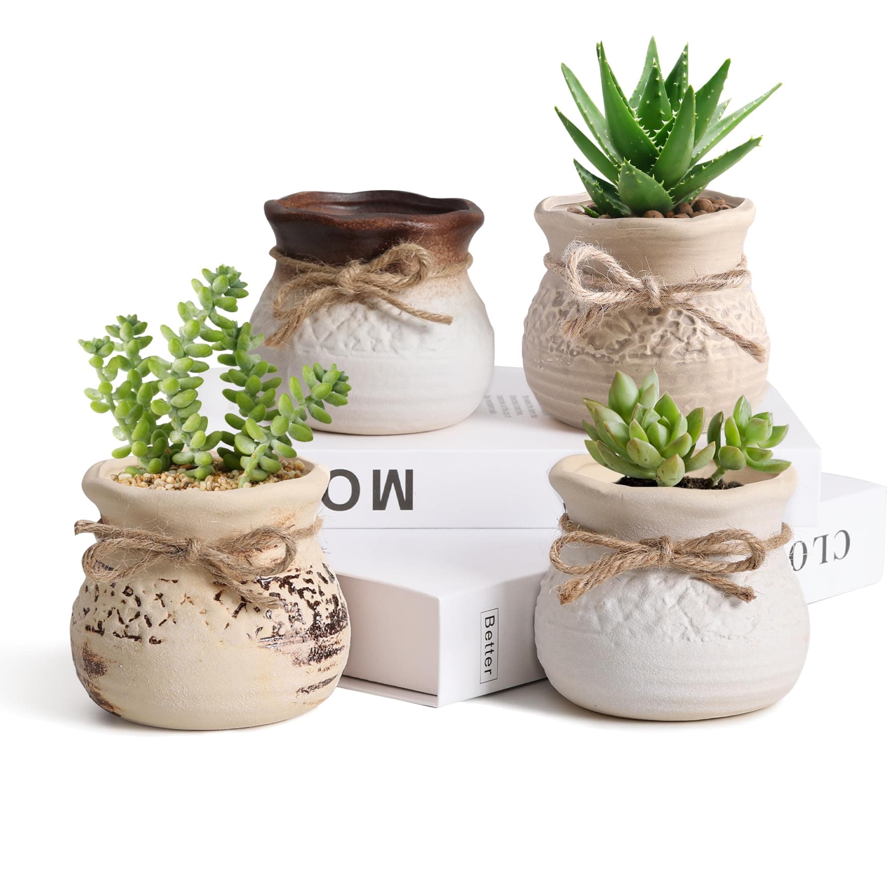 T4U 8.5CM Vintage Ceramic Planter Pots Set of 4, Small Plant Pots Indoor, Succulent Cactus Plant Pots, Home and Office Decoration Desktop Windowsill Gift for Gardener for Birthday Wedding Christmas