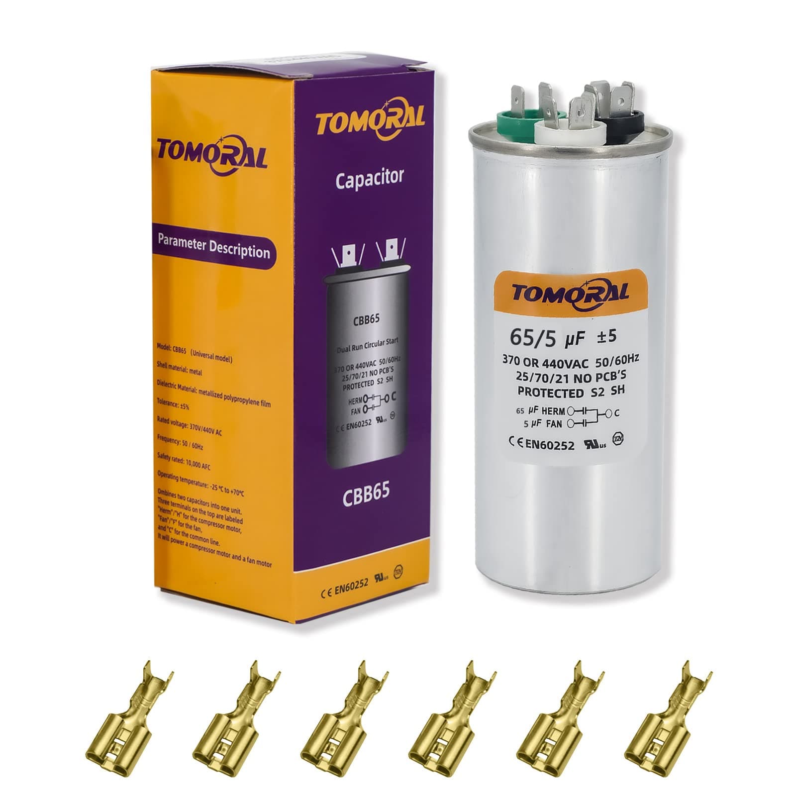 TOMORAL 65+5 MFD 65/5 uF ±5% 370VAC/440 Volt CBB65 Dual Run Round Capacitor for AC. for Condenser Straight Cool or AC Motor and Fan Starting or Heat Pump Air Conditioner (65+5 uF)