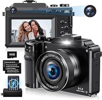 4K Digital Camera for Photography,64MP Vlogging Camera for Youtube,Multi-Filters Travel Video Camera with Auto Focus,18X Zoom,64G TF Cards,2 Batteries for Beginners-Black