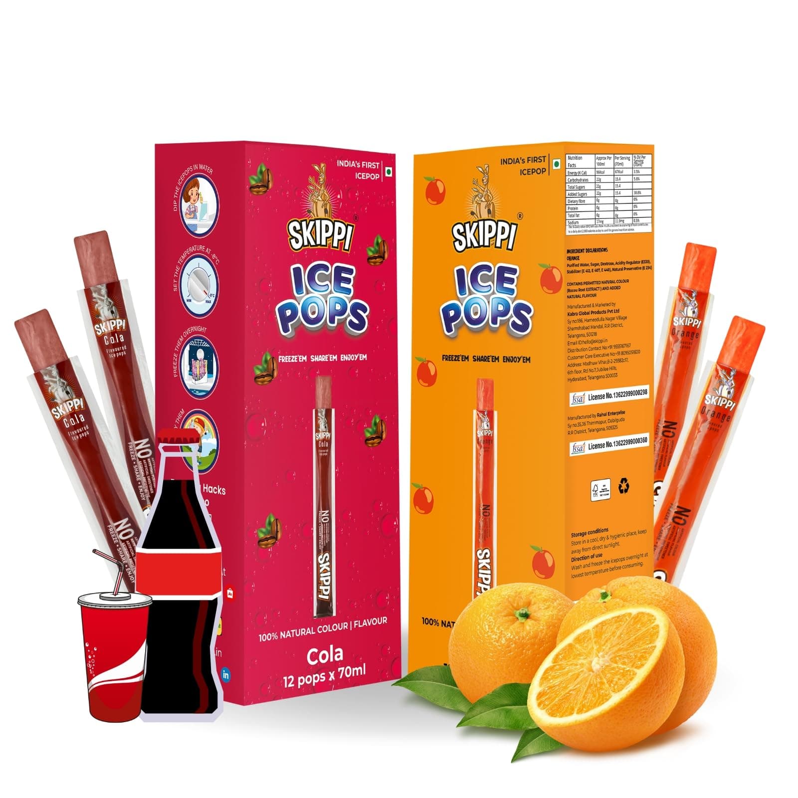 Skippi Icepops Freezer Pops, Juice Bars, Ice Pops - Cola & Orange Flavors (12+12 Pops) - Vegan, Gluten-Free, Dairy-Free, No Artificial Flavors or Preservatives