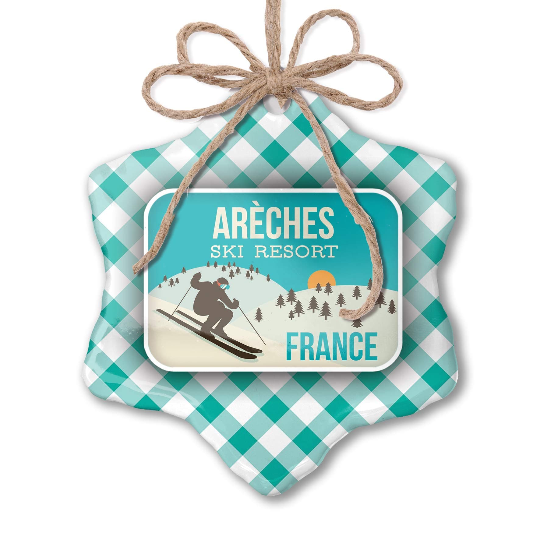 NEONBLOND Christmas Ornament Arï¾Ches Ski Resort - France Ski Resort Pastel Mint Green Plaid