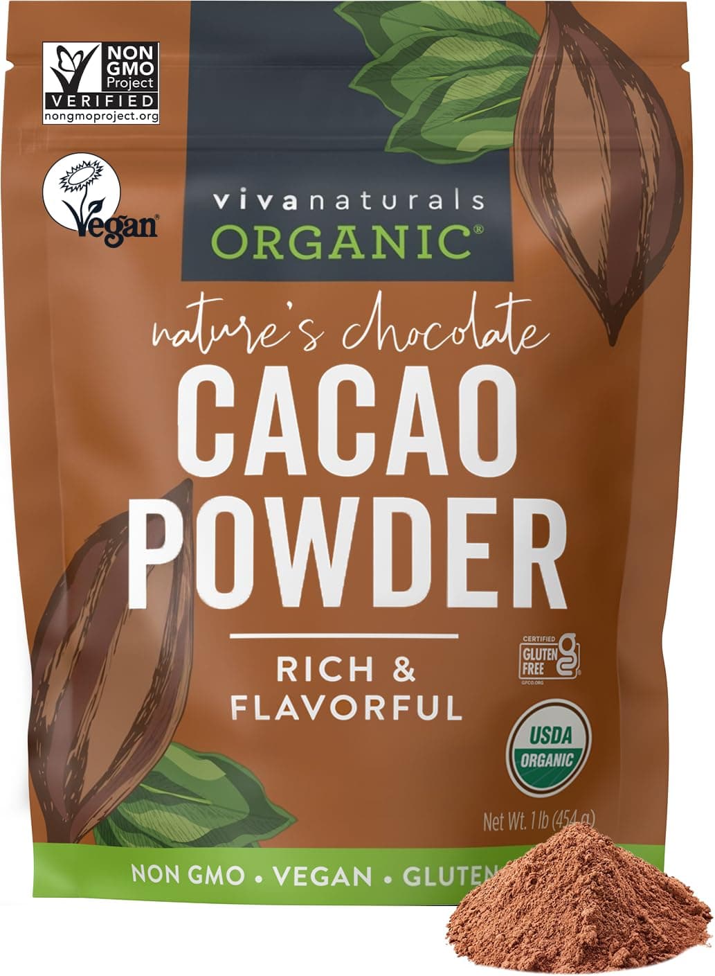 Organic Cacao Powder, Unsweetened, 1 lb (454 g) – Rich Dark Chocolate Flavor, Perfect for Baking, Smoothies & Hot Chocolate – Vegan, Keto, Paleo, Non-GMO & Gluten-Free Cocoa Powder